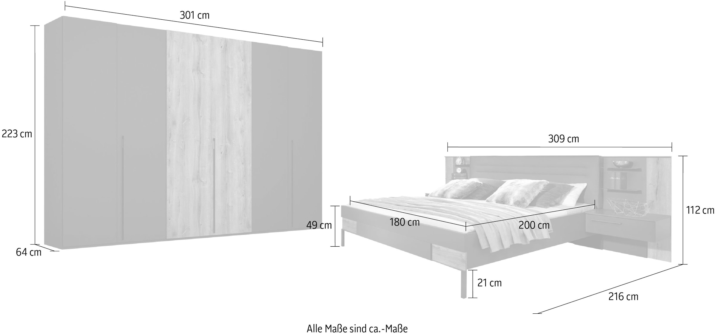 rauch Schlafzimmer-Set »Valetta«, Schrank, Bett, 2 Nachttische und 2 Paneele, optional mit Beleuchtung