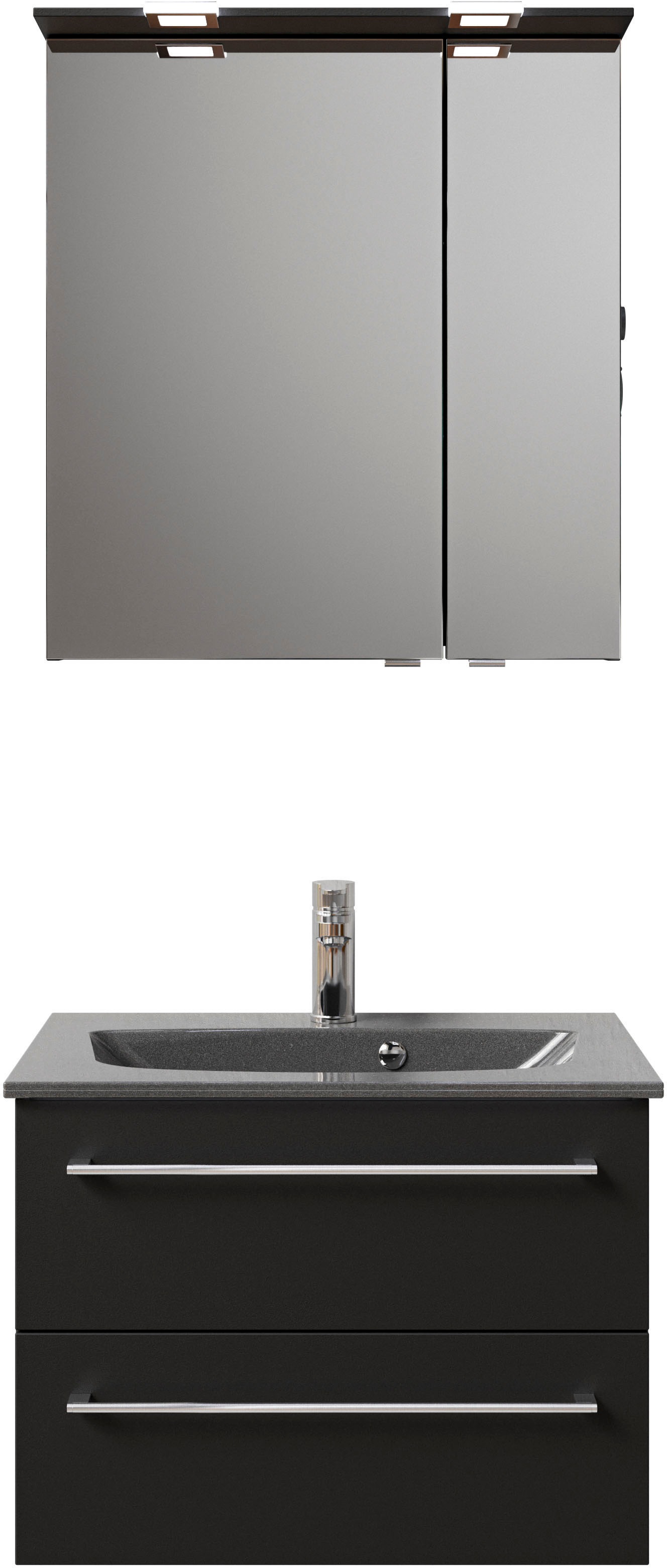 Saphir Badmöbel-Set »Serie 6025 2-teilig Mineralmarmor-Waschtisch mit LED-Spiegelschrank«, (2 St.), Waschplatz 67 cm breit, 2 Schubladen, 2 Spiegel-Türen, inkl Türdämpfer