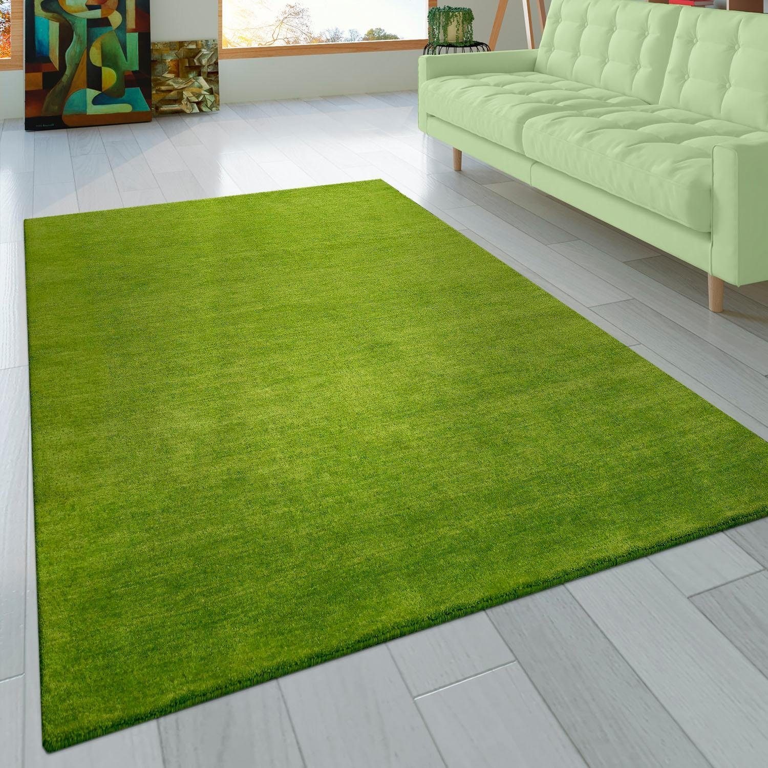 Paco Home Wollteppich »Atlas 100«, rechteckig, 14 mm Höhe, Gabbeh, Kurzflor, handgewebt, reine Wolle, Uni Farben