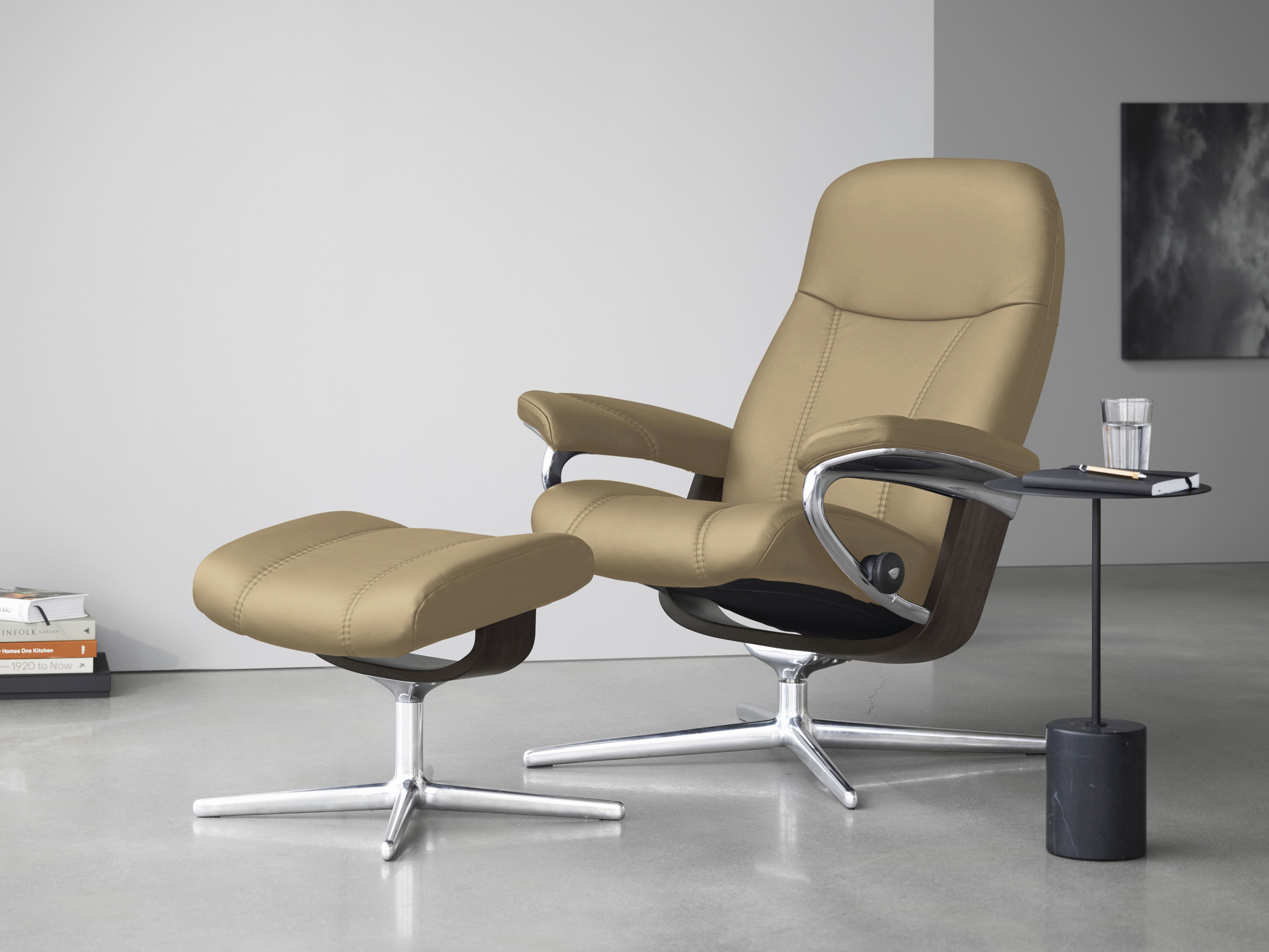 Stressless Relaxsessel "Consul" Set, Relaxsessel mit Hocker, mit Hocker, mit Cross Base, Größe S, M & L, Holzakzent Wenge