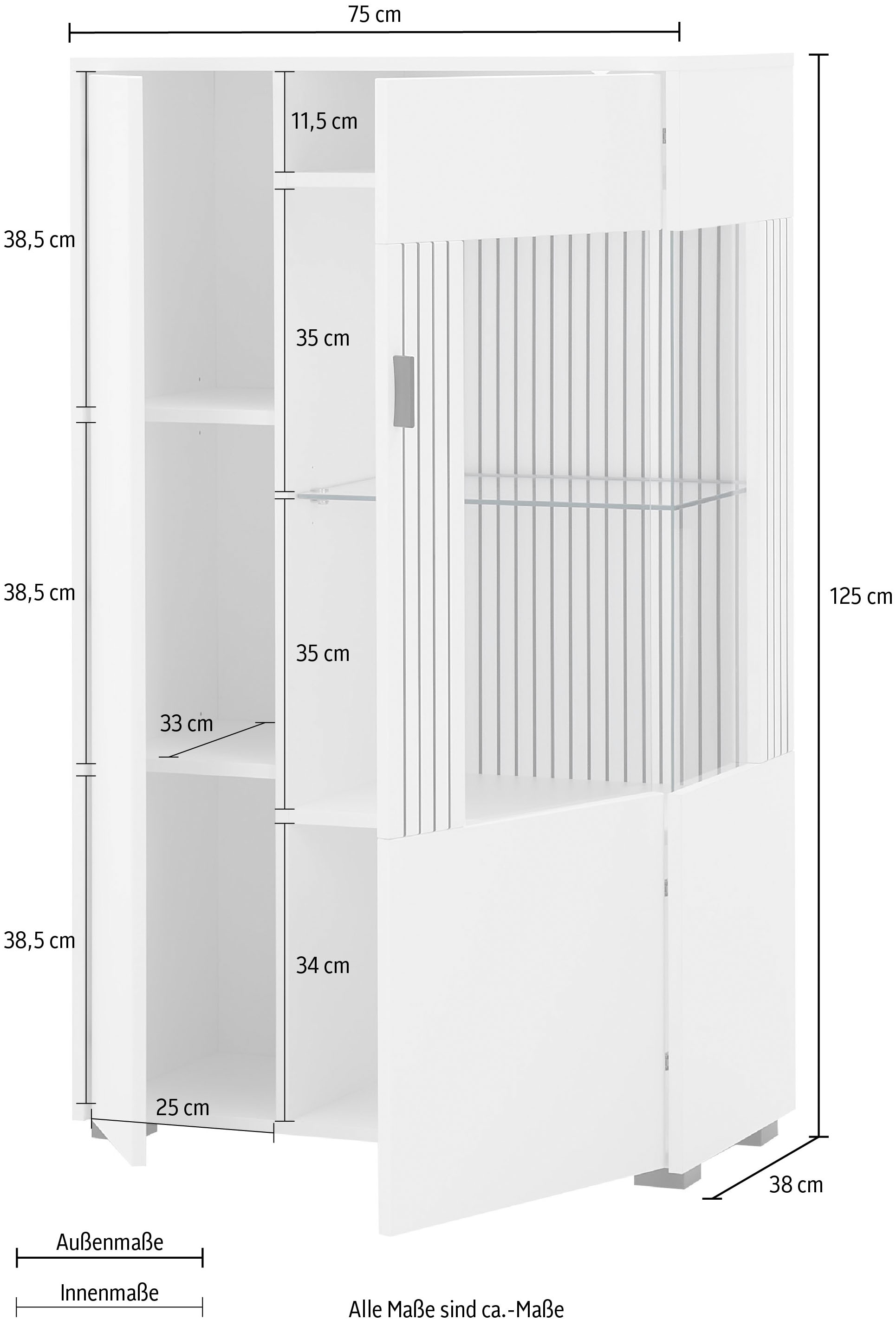 INOSIGN Vitrine »Hudson, Stauraumvitrine, Standvitrine«, in moderner Trendfarbe, Griffe aus Metall (Schwarz), Höhe 125 cm