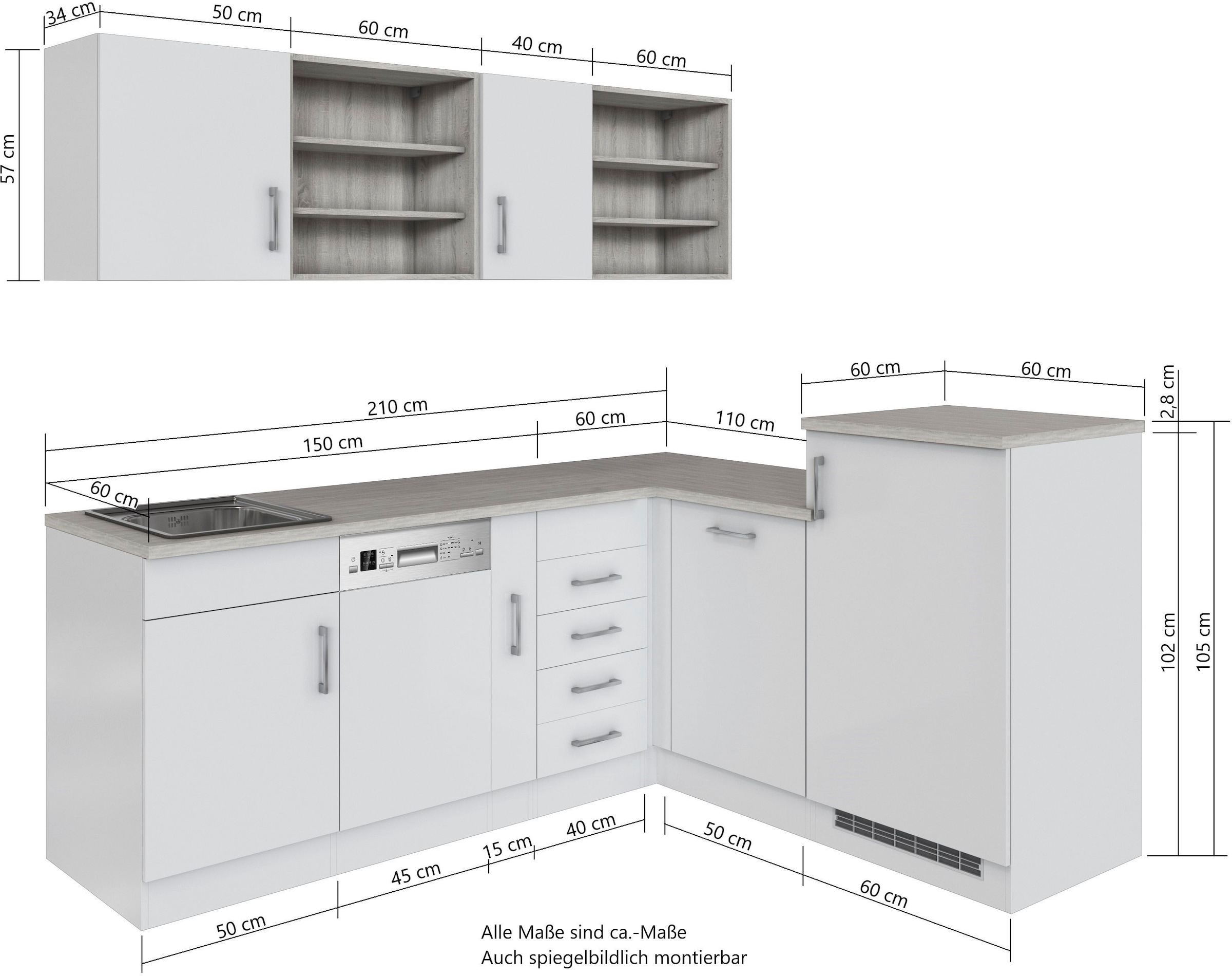 KOCHSTATION Küche »KS-Mali« Stellbreite 210/170 cm, mit E-Geräten