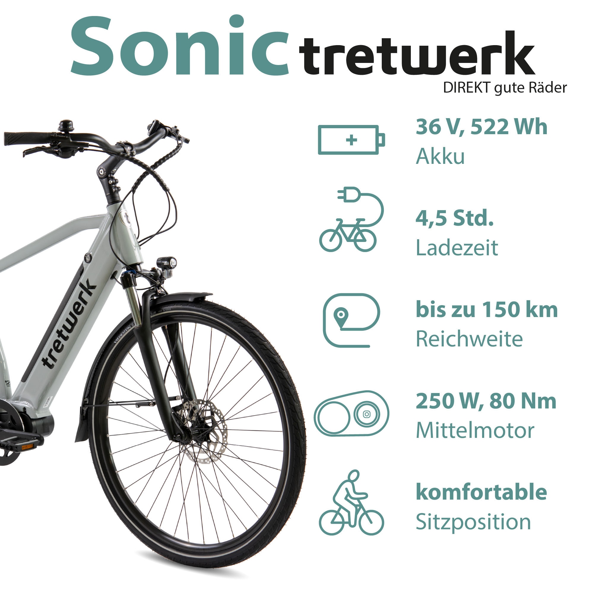 Tretwerk E-Bike »Sonic«, 8 Gang, Shimano, Acera M3020 SGS, Mittelmotor 250 W, Pedelec, Elektrofahrrad für Damen u. Herren
