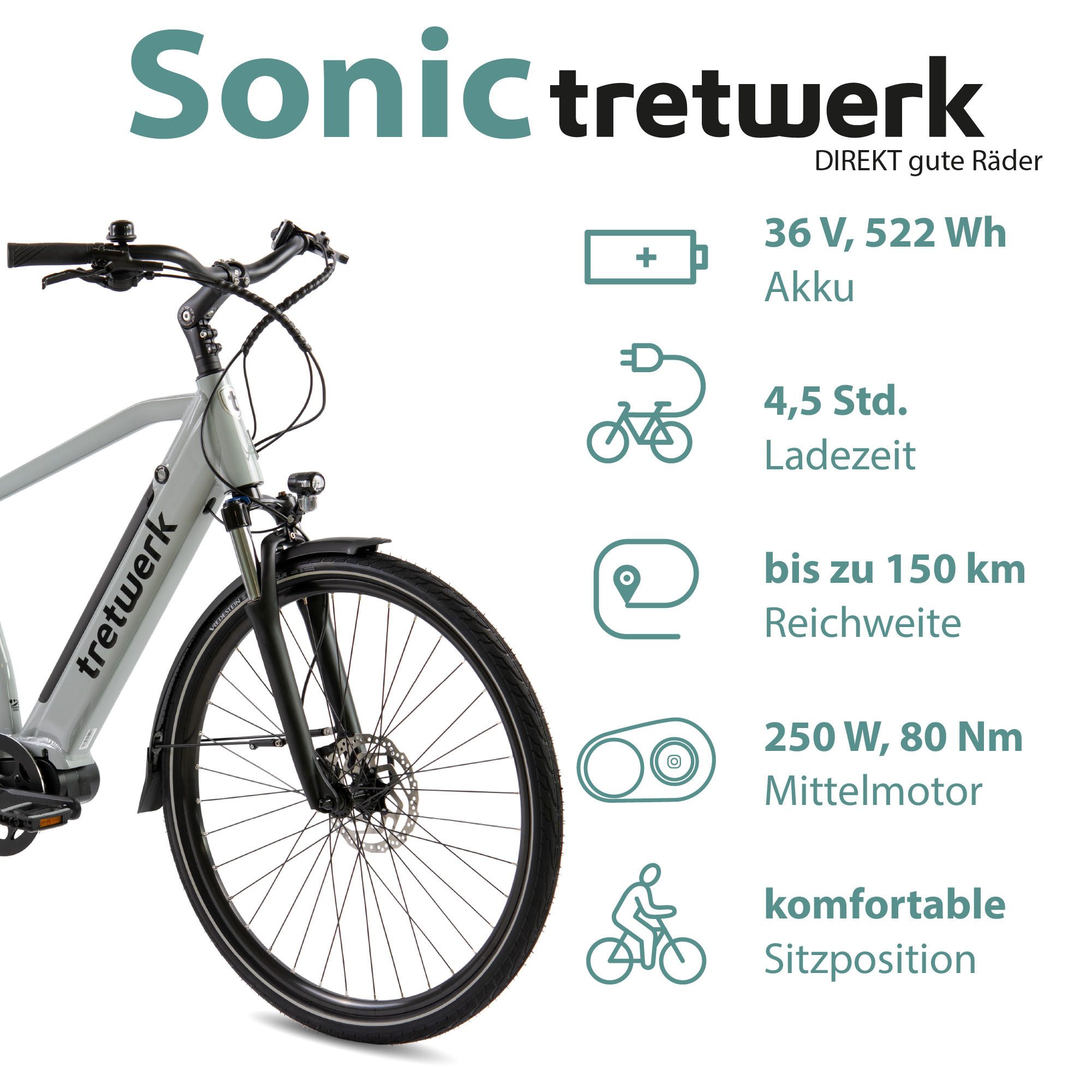 Thumbnail - Tretwerk E-Bike "Sonic", 8 Gang, Shimano, Acera M3020 SGS, Mittelmotor 250 W, Pedelec, Elektrofahrrad für Damen u. Herre...