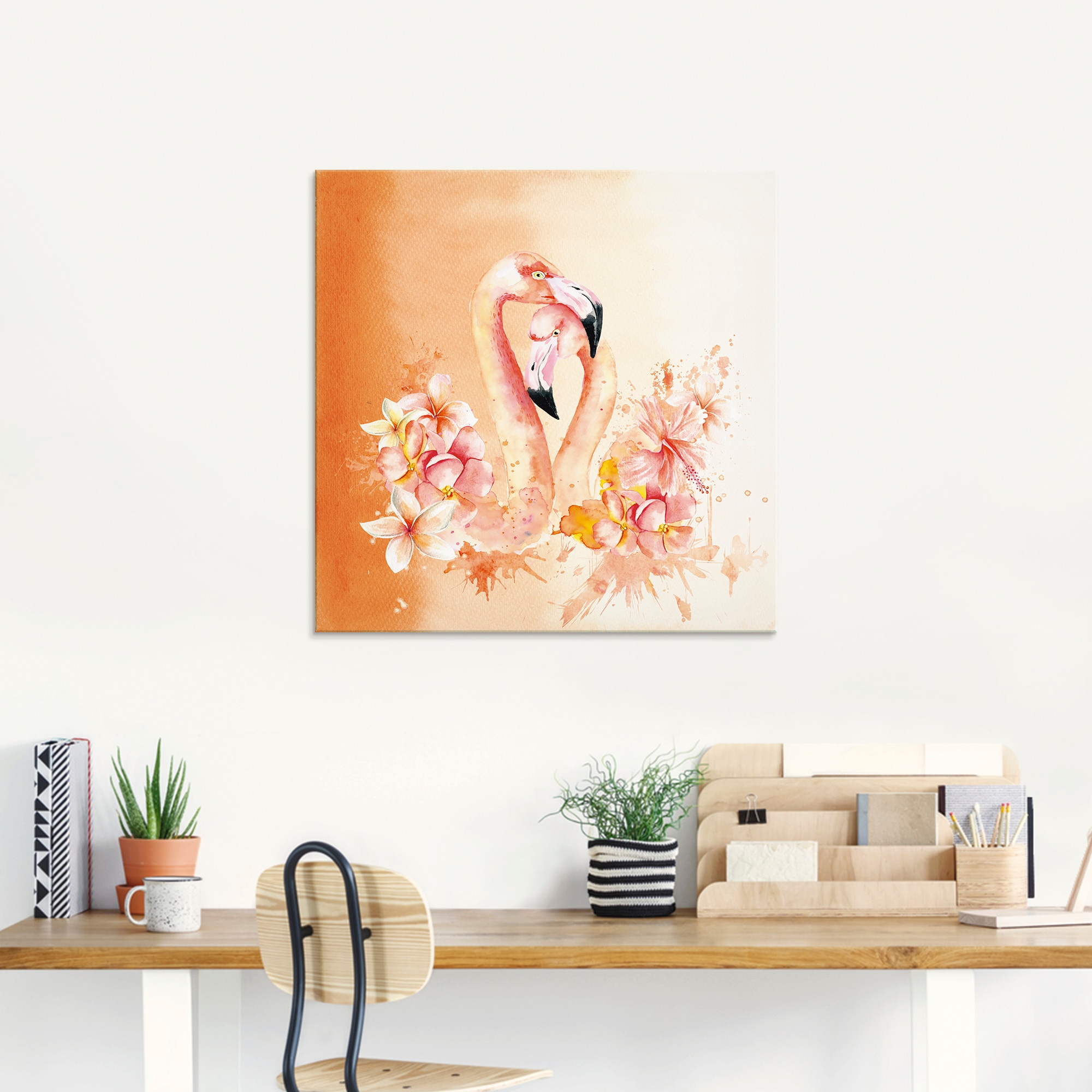 Artland Glasbild »Orange Flamingo in Love- Illustration«, Vögel, (1 St.), in verschiedenen Größen