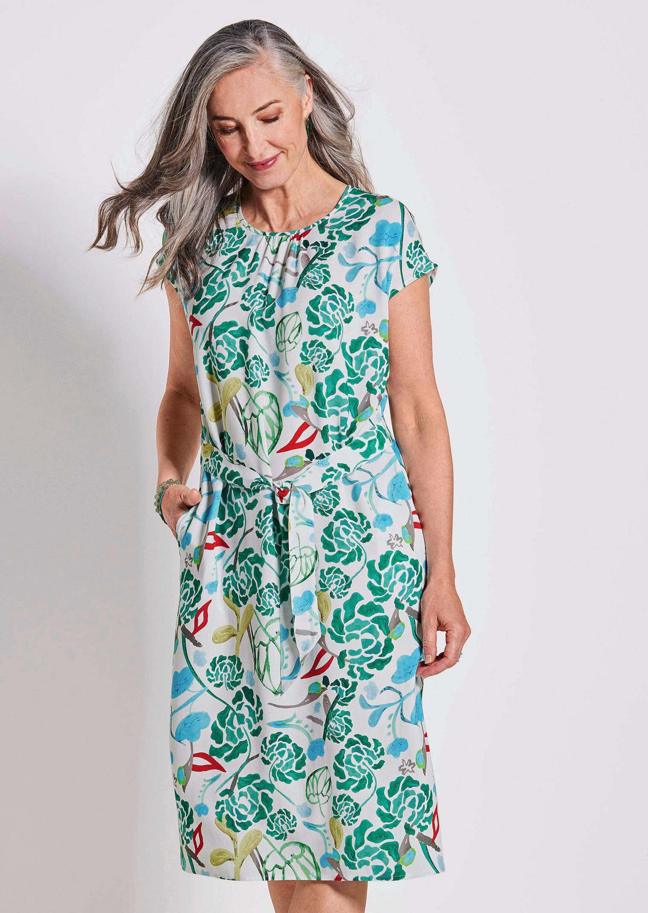 Thumbnail - GOLDNER Sommerkleid "Kurzgröße Grünes Midikleid mit floralem Muster"