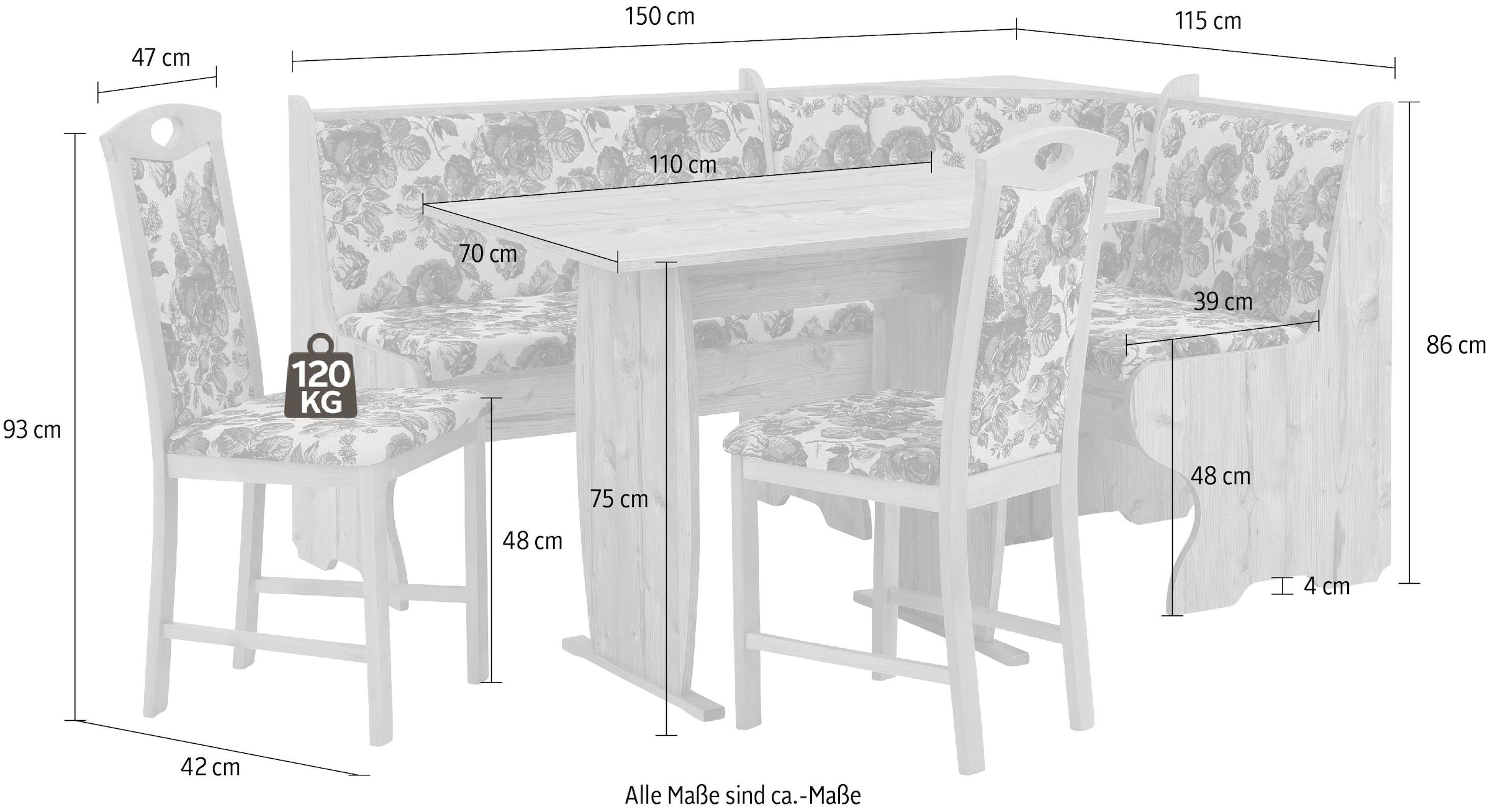 Home affaire Eckbankgruppe »Minden Stühle BAUR 4 1«, ab.), | Farbe tlg., kaufen im in Die der weichen (Set, Landhausstil rustikalen