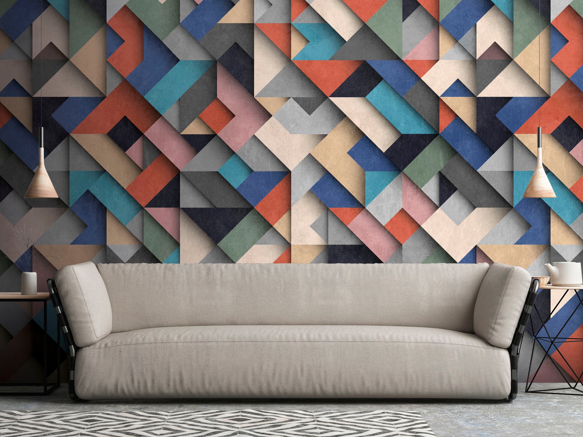 living walls Fototapete »The Wall«, 3D-Optik-mehrfarbig-geometrisch, Fototapete Geometrisch Tapete 3D Bunt Blau Rosa