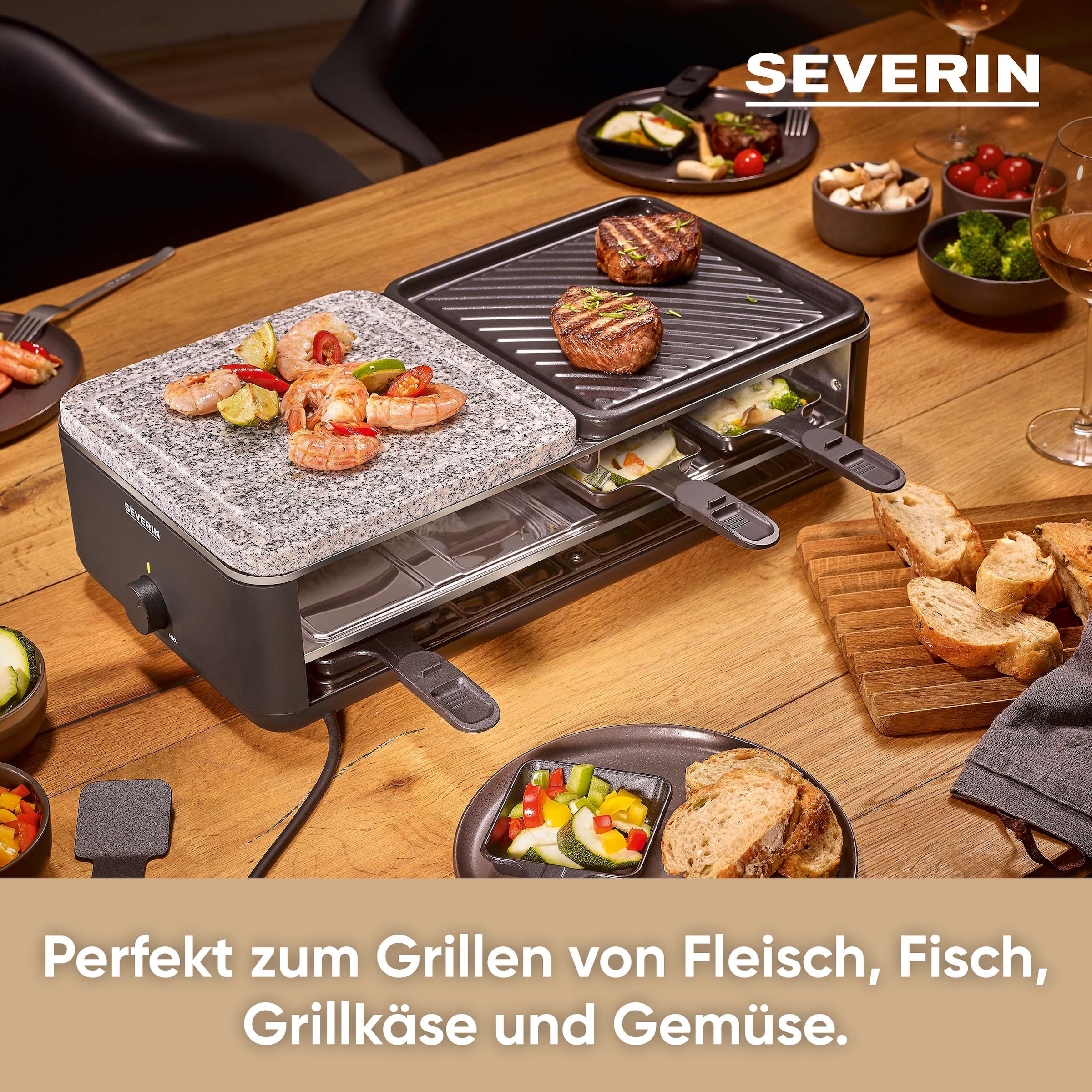 Severin Raclette »RG 2366« 8 Stk. Raclettepfännchen 1.300 W für 8 Personen, Naturgrillstein & antihaftbeschichtete Grillplatte