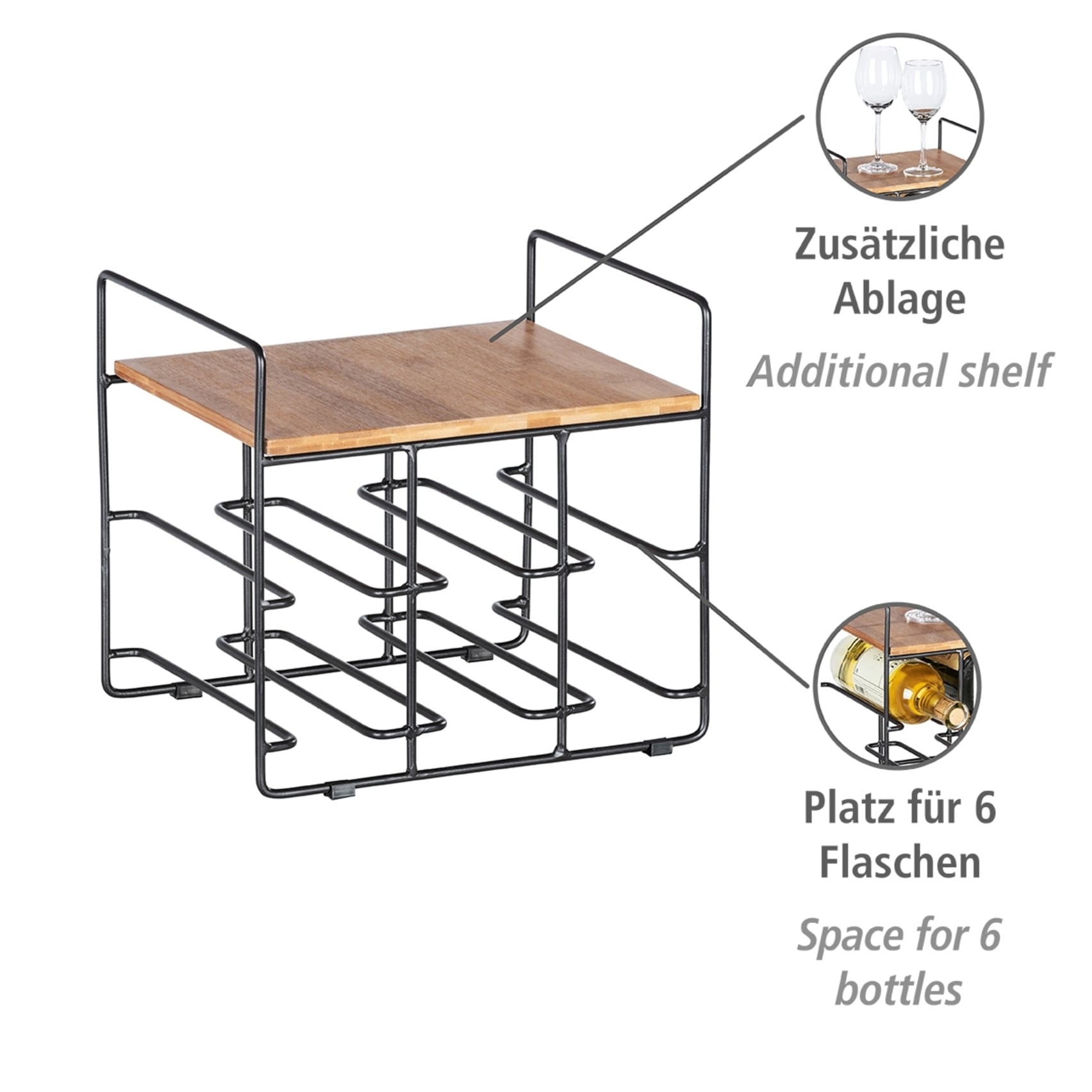 WENKO Weinflaschenhalter »Modell Loft«, Flaschenregal für 6 Flaschen mit Ablage, Metall und Bambus