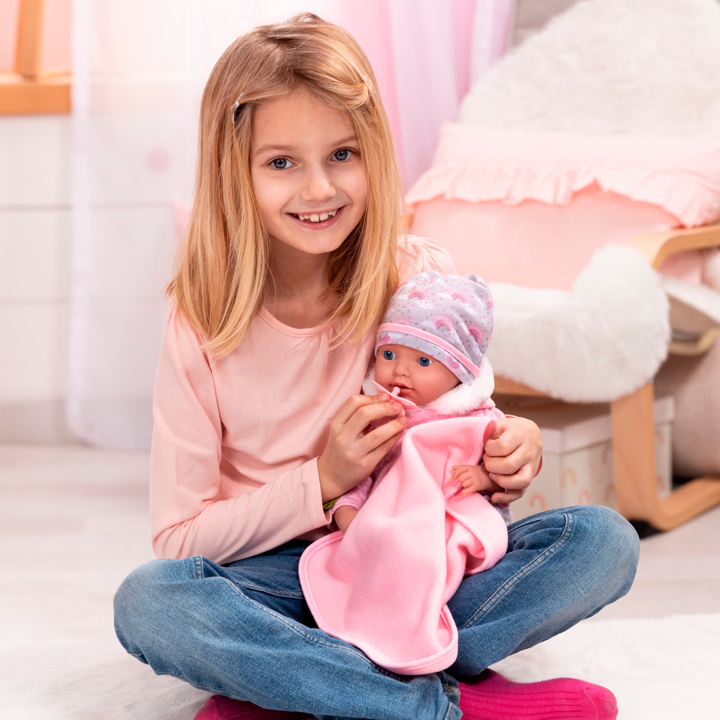 Bayer Babypuppe »Reborn Baby, 38 cm Regenbogenmuster«, (4 tlg.)