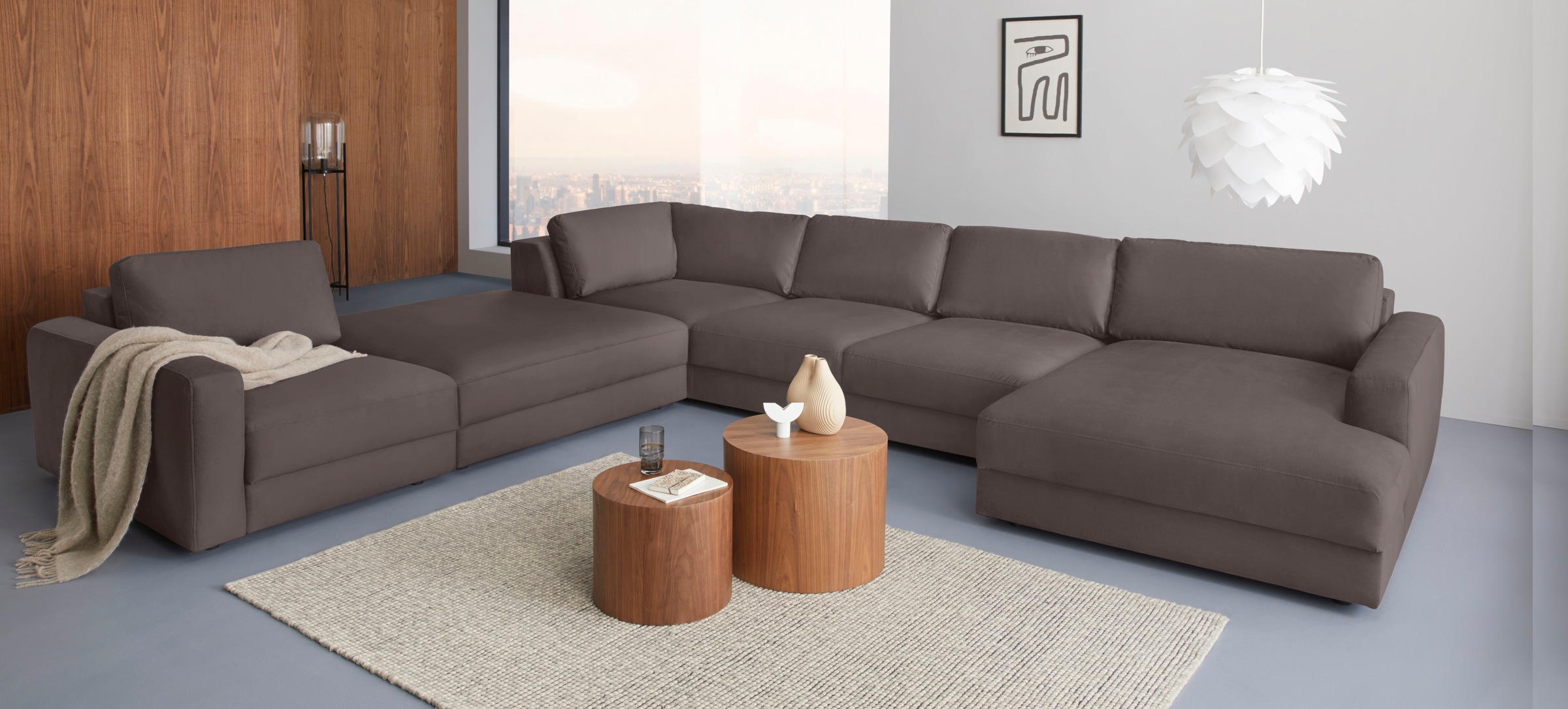 Wohnlandschaft HOME AFFAIRE "Bloomfield, Mega Polsterprogramm, Breite 405cm, viel Platz, U-Form", grau (taupe), B:405cm H:84cm T:224cm, 100% Polyester, Sofas, Wohnlandschaft, mit extra tiefer Sitzfläche, wahlweise mit Sitztiefenverstellung 3