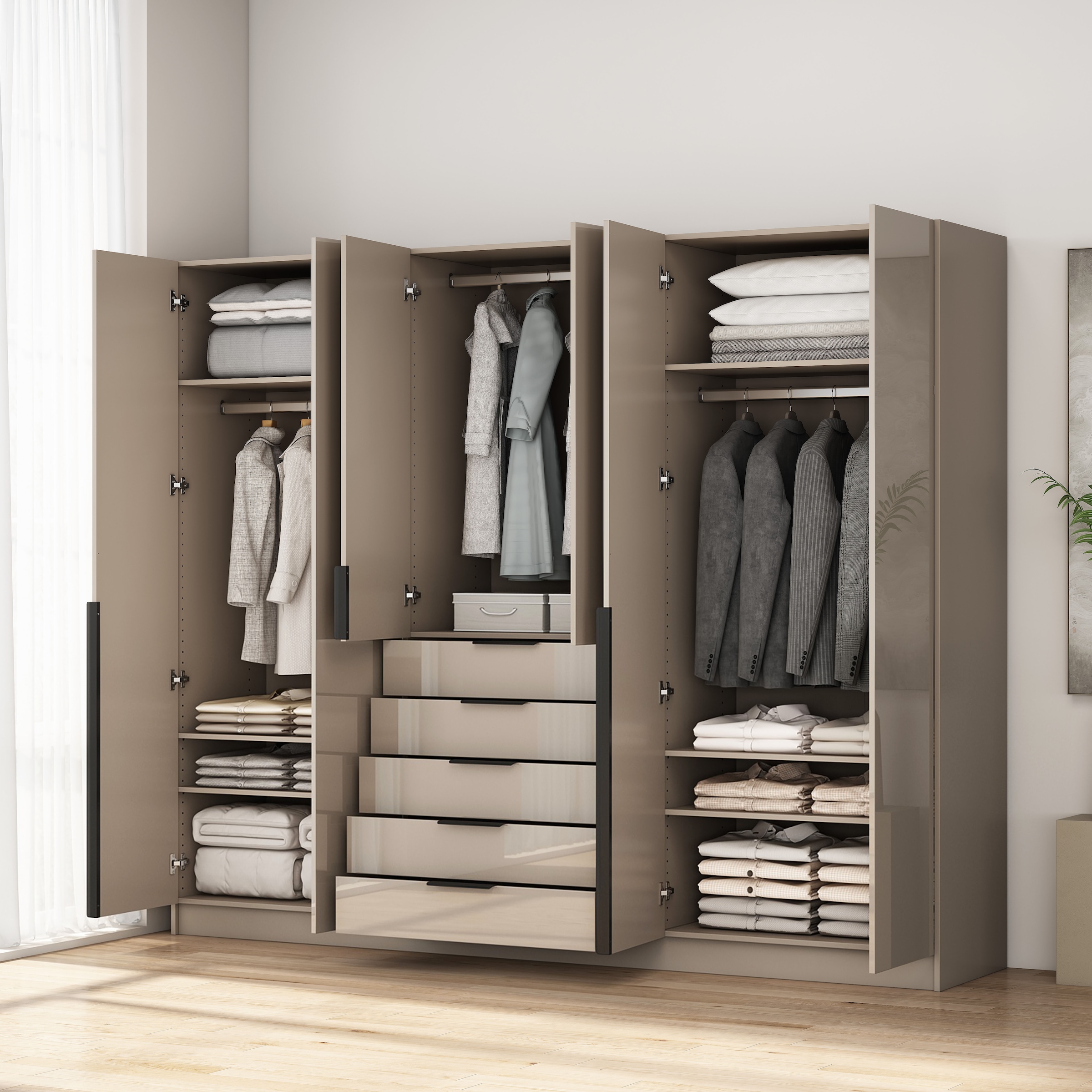 OTTO home Kleiderschrank »Annor Schlafzimmerschrank Breite 242cm hochglanz Schrank Garderobe« Drehtürenschrank mit perfekter Innenausstattung - elegante Türgriffe