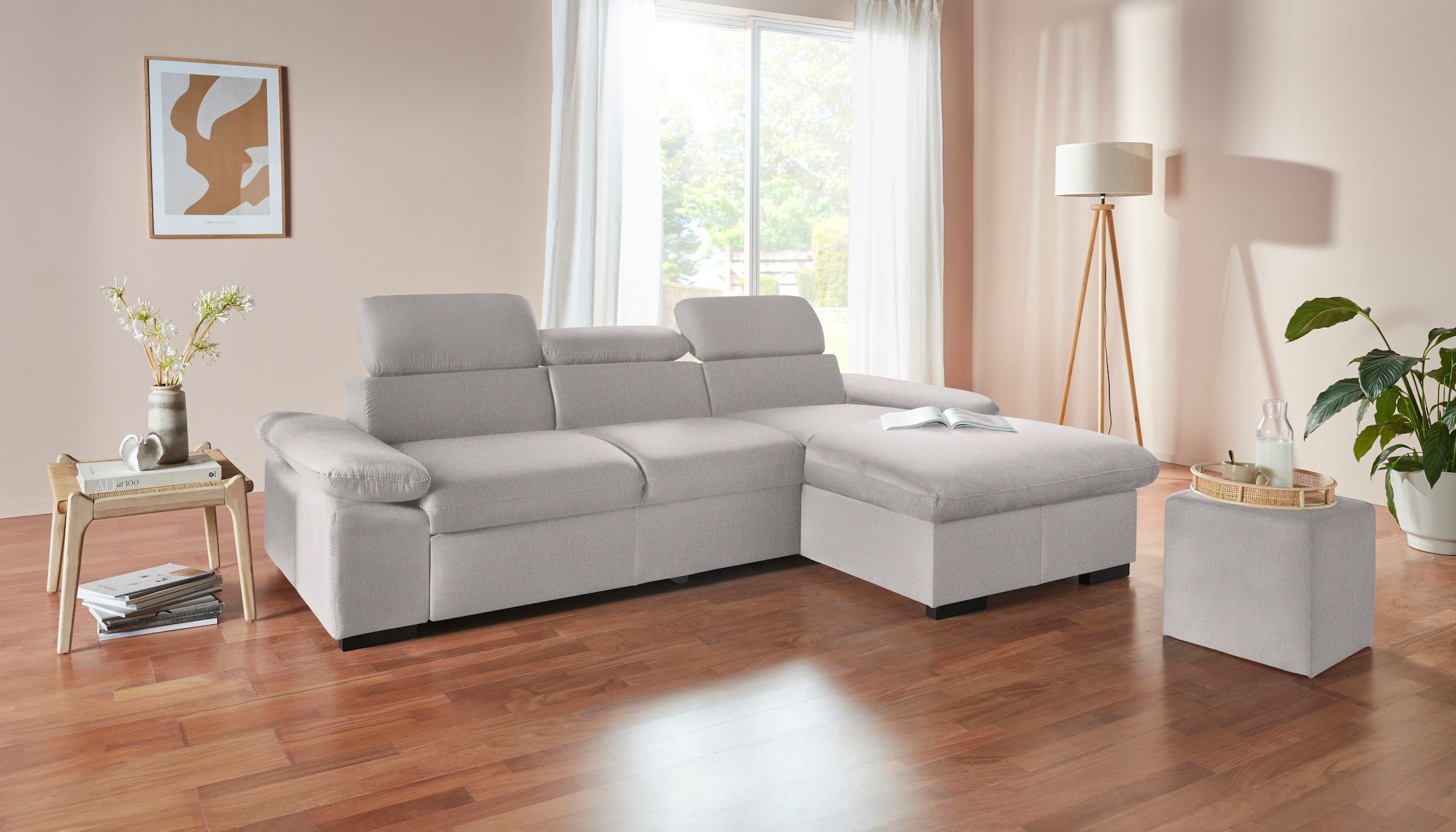 COTTA Ecksofa »Lola L-Form«, (Set, mit Hocker), mit Hocker & Kopfteilfunktion, wahlw. Bett- und Armteilfunktion