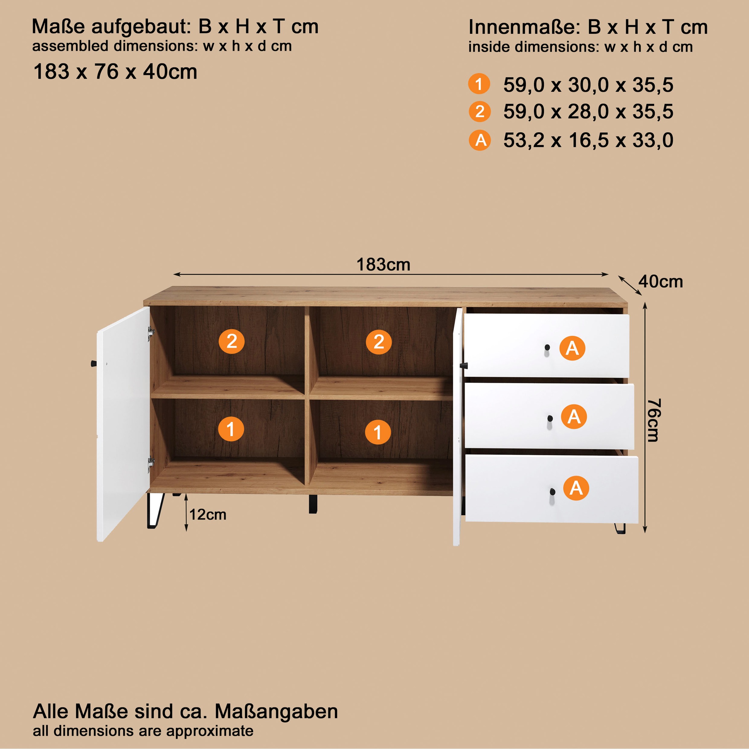 Thumbnail - Places of Style Sideboard "Tarragona", Sideboard, 2 Türen, 3 Schubkasten & Soft-Close - (B/T/H) 183/40/76 cm