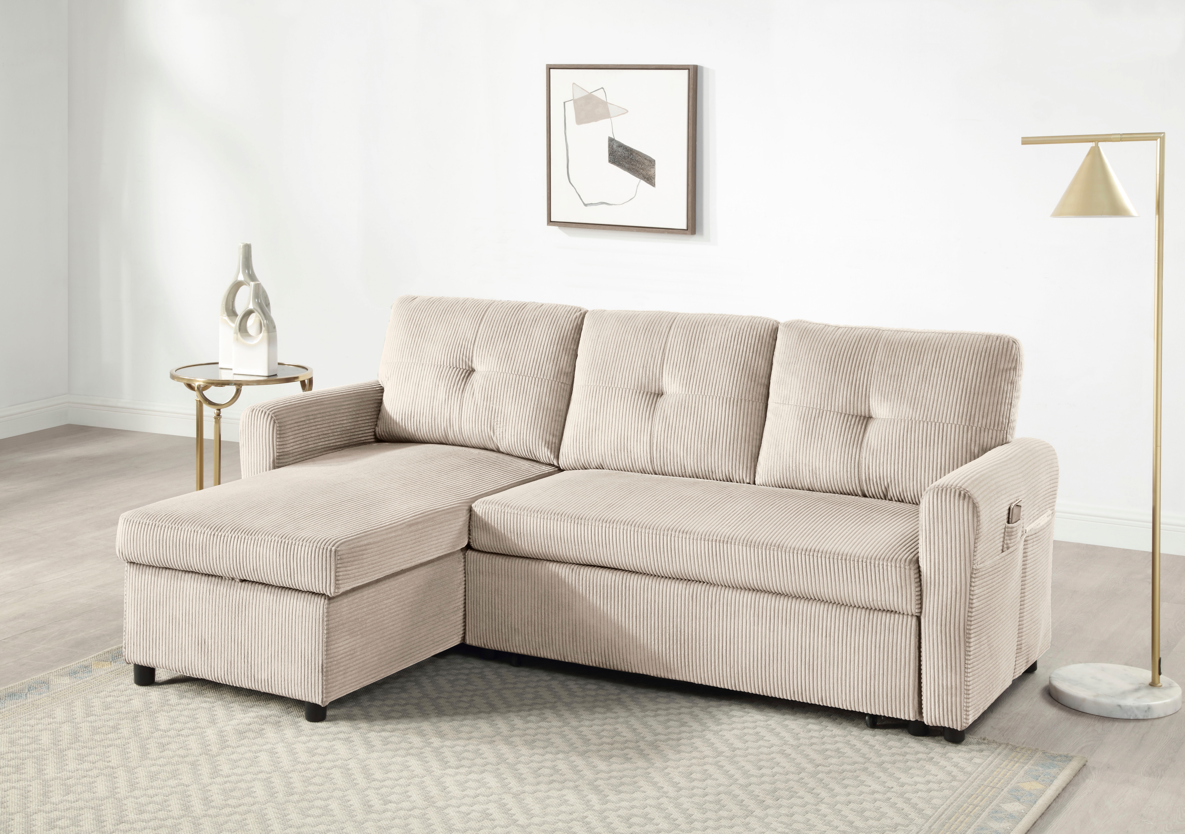 ATLANTIC home collection Schlafsofa "Gustavo L-Form, B: 199 cm, in Cord oder Struktur" mit Schlaffunktion, Bettkasten & seitlichen Taschen