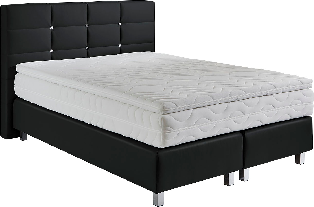Boxspringbett, schwarz (scwarz), B:155cm L:210cm, Bezug: Kunstleder, Polyurethan;Polsterung: 100% Polyester, WESTFALIA SCHLAFKOMFORT, Komplettbetten, Boxspringbett, mit Knöpfen in Kristalloptik, wahlweise mit Topper