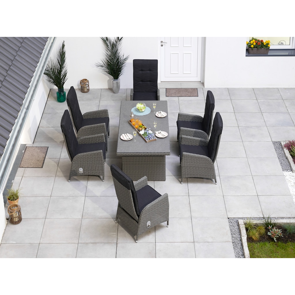 KONIFERA Garten-Essgruppe »Brisbane«, (Set, 13 tlg., 6 Sessel, Rückenlehne verstellbar, inkl. Auflagen, Tisch 92x192x74 cm,), Aluminium/Polyrattan, Tischplatte aus Stone-Spray-Glas in Steinoptik