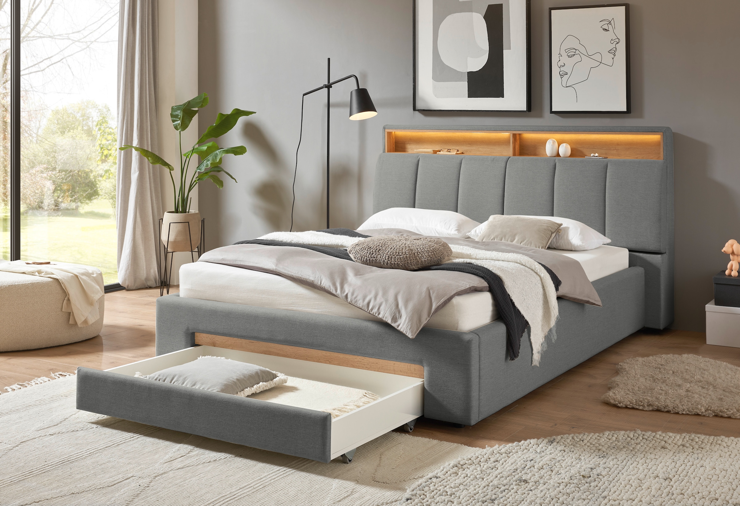 INOSIGN Polsterbett »CiTY/GiRON,, gepolstertes Stauraumbett, mit LED Beleuchtung« Bettkasten mit Hundebett oder als Stauraum, klappbare Kopfteile