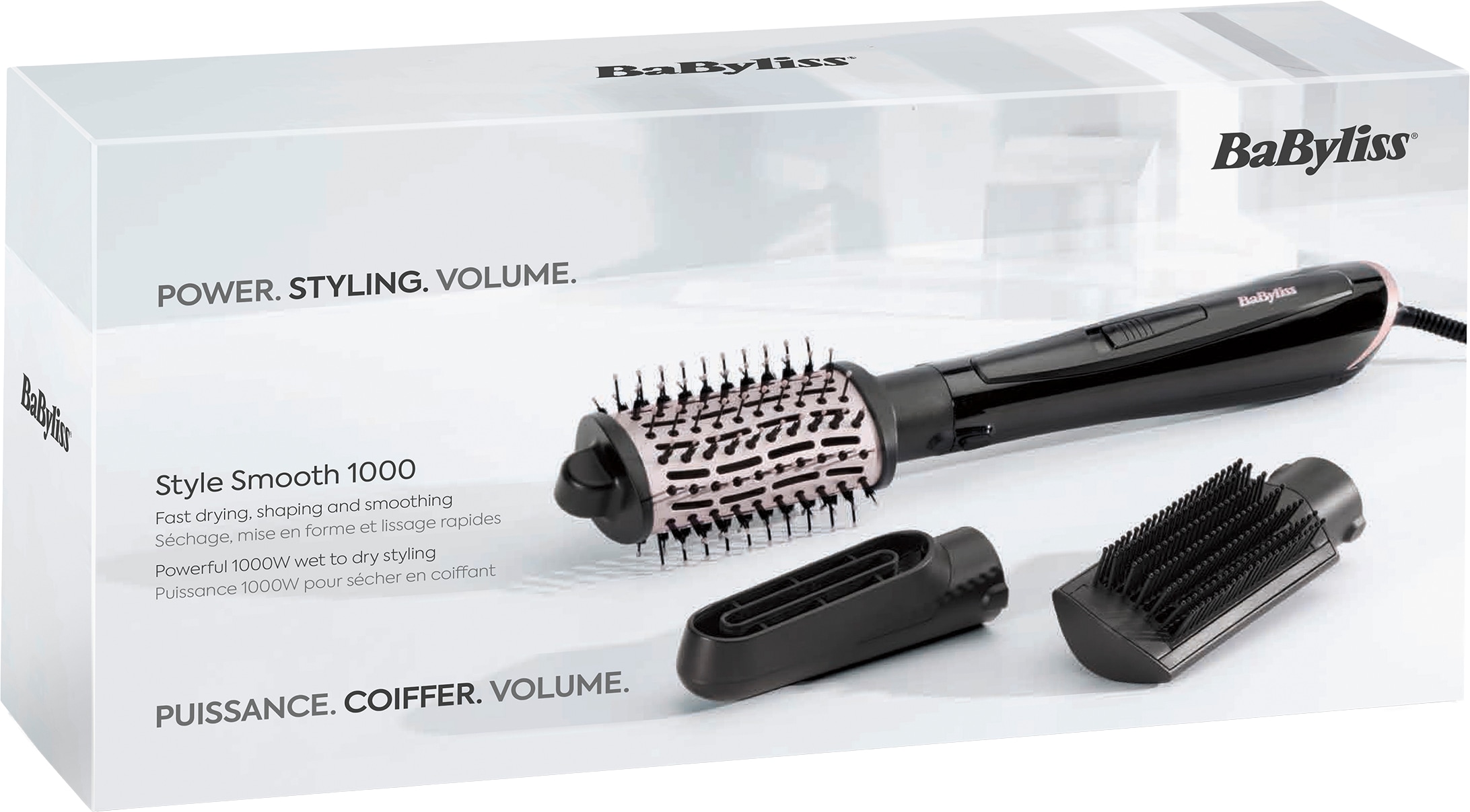 BaByliss Warmluftbürste »BaByliss Style Smooth 1000 Warmluftbürste mit 3 Aufsätzen, AS128E« 3 Aufsätze Rundbürstenföhn, Wet-to-Dry Styling, Ionen-Technologie, 1000W