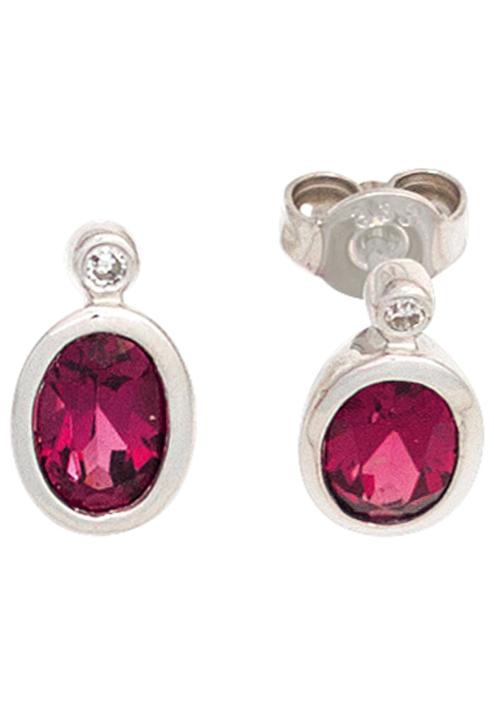 Paar Ohrstecker JOBO "Ohrringe Weißgoldohrringe oval rot", weißgold 585, Ohrringe, Damen, SI = kleine Einschlüsse, Diamanten Weißgold 585, Diamanten, Weißgold 585, 585 Weißgold mit Turmalin und 2 Diamanten