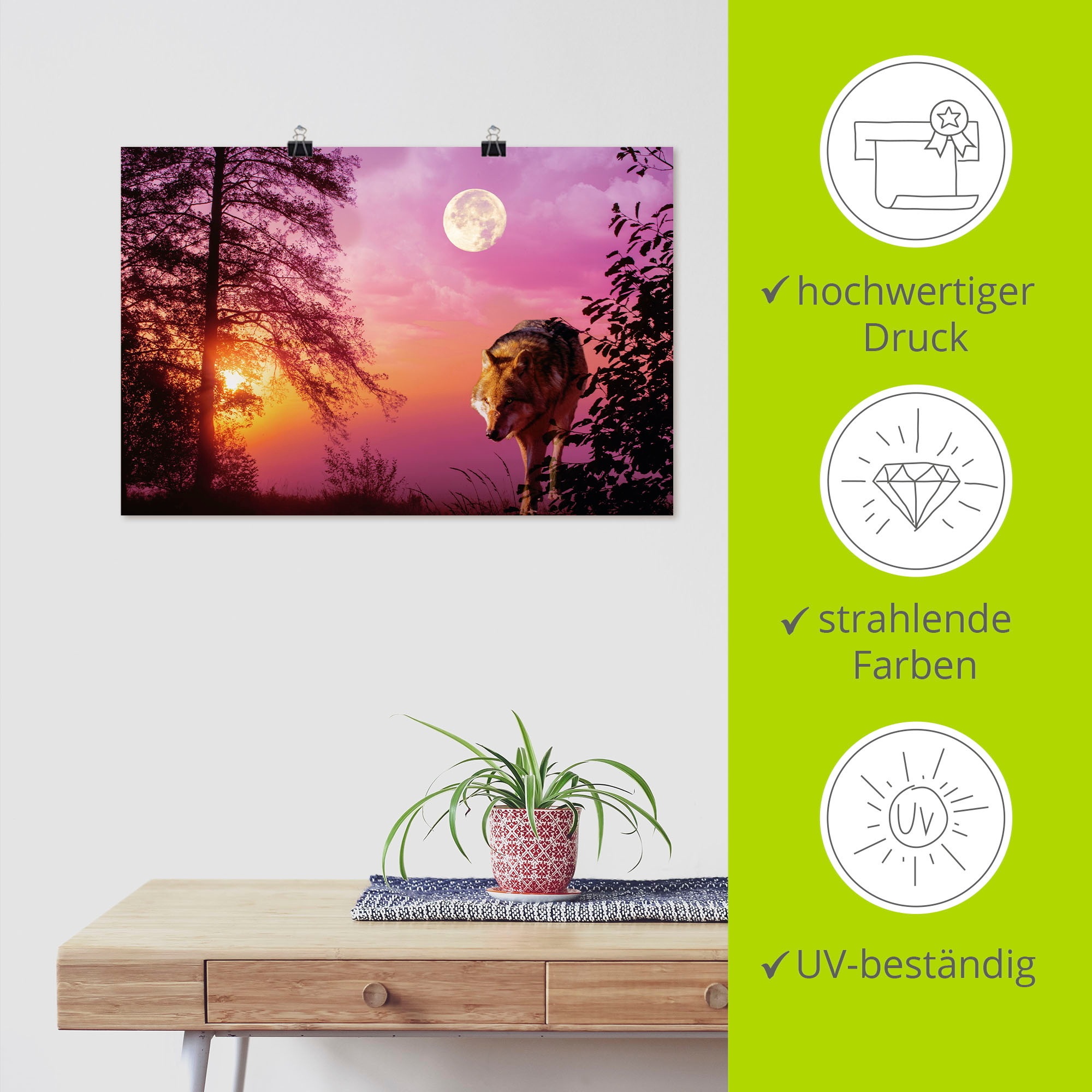 Artland Wandbild »Wolf im Vollmond«, Wolfbilder, (1 St.), als Alubild, Outdoorbild, Leinwandbild, Poster in verschied. Größen
