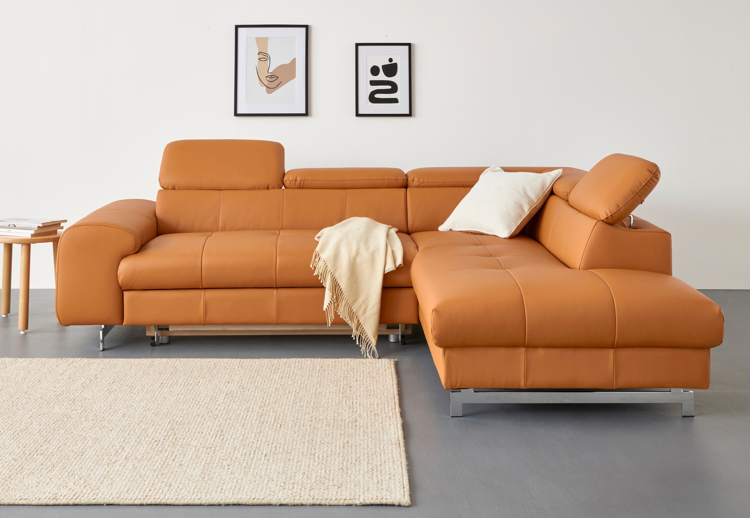 COTTA Ecksofa "Chef L-Form, B: 257cm, Leder, inkl. Kopfteilverstellung" optionale Schlaffunktion, moderne Metallkufen H 12cm, Wellenfederung