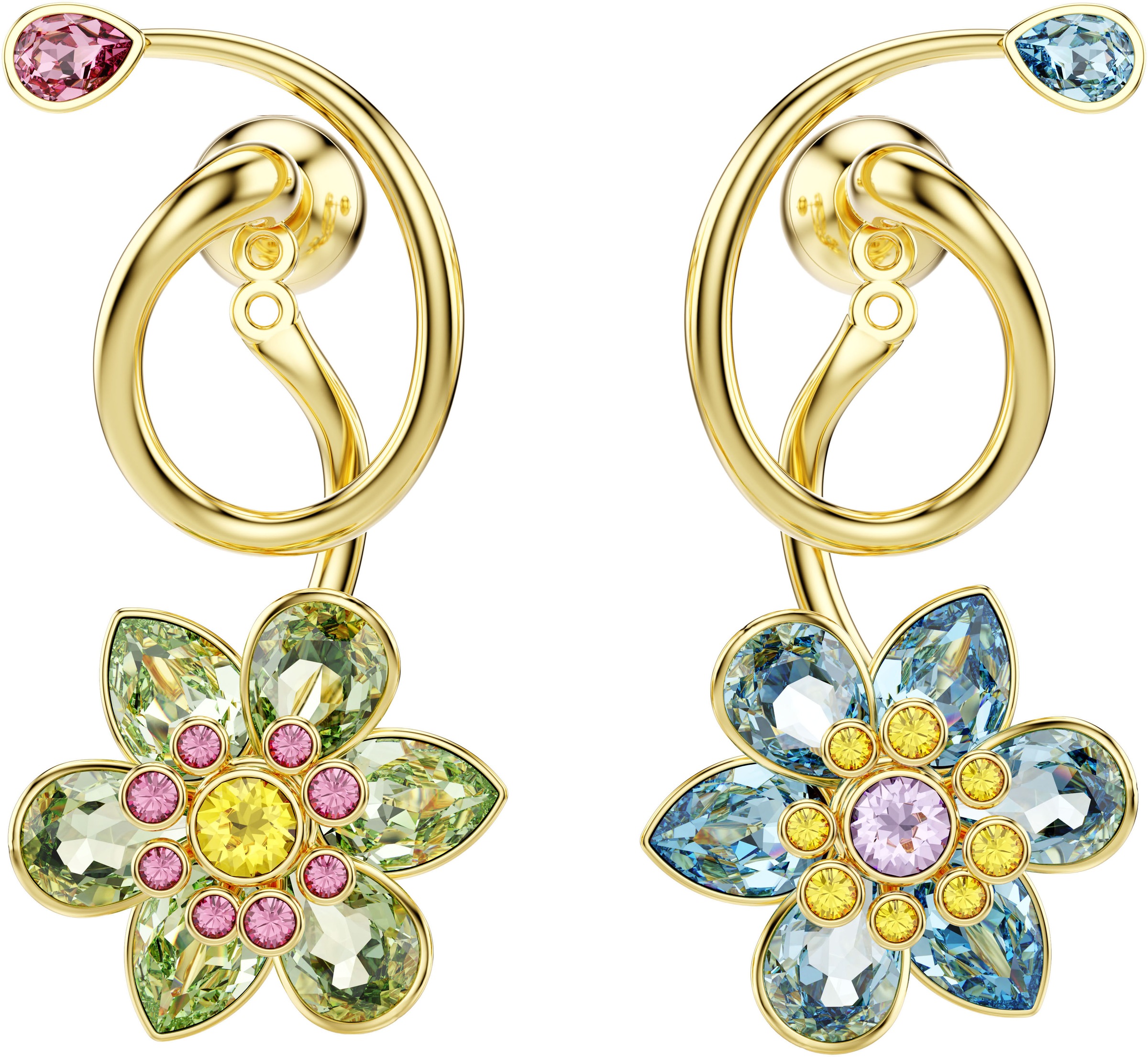Paar Ohrstecker SWAROVSKI "Schmuck Geschenk Idyllia Drop-Ohrhänger Blume", gold (gelbgoldfarben, metallfarben, blau, grün, gelb, lila, rosa,, blau, grün, gelb, lila, rosa,), Ohrringe, Damen, Metall, mit Swarovski Kristall 10