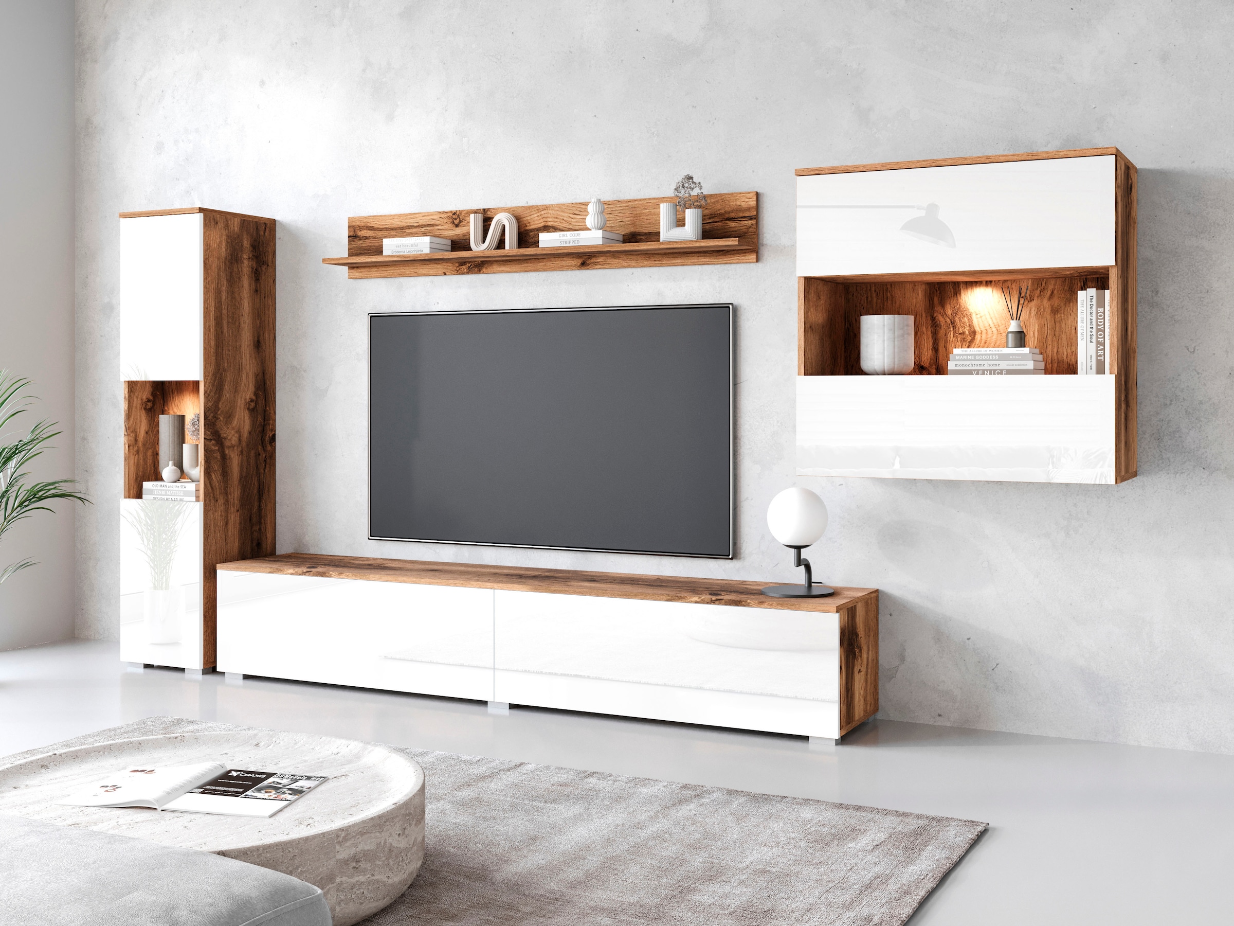 INOSIGN Wohnwand "PARIS", (Komplett-Set, 4 St.), TV-Wand 300cm breite, grifflose Design, stehend und hängend montierbar