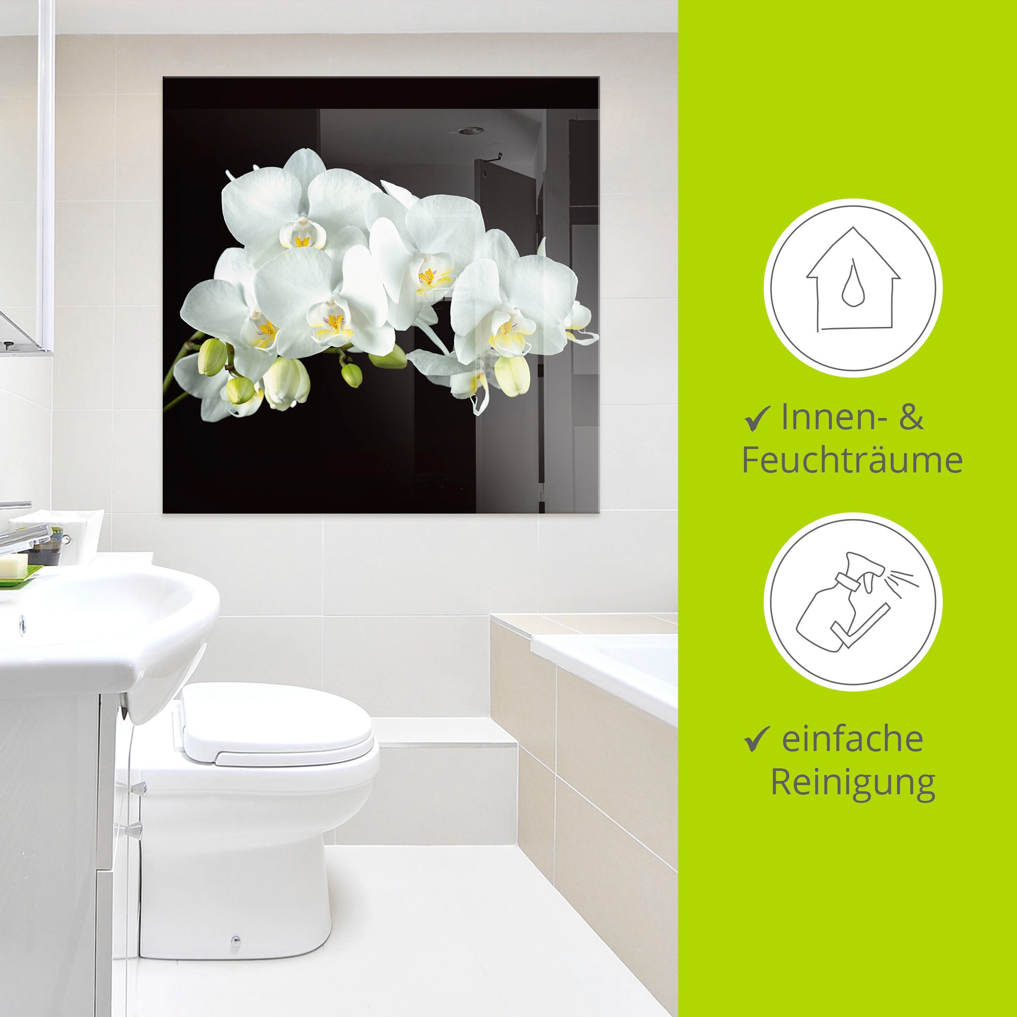 Glasbild ARTLAND "Weiße Orchidee auf schwarzem Hintergrund", weiß (farbe bild(er): weiß), B:125cm H:50cm, Bilder, in verschiedenen Größen 3