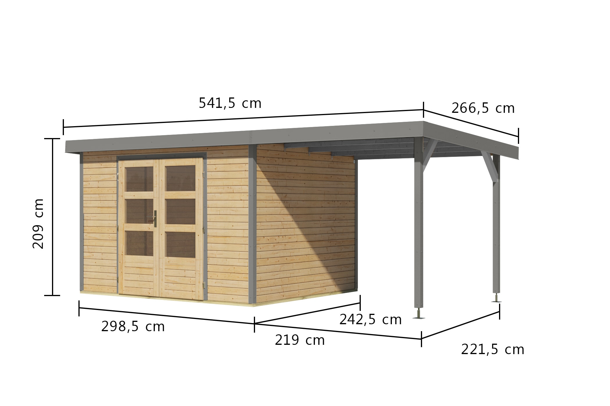 Karibu Gartenhaus »"Jupiter 5 A" SET naturbelassen, mit Anbaudach 2,35 m breit«, hochwertige Materialien: nordische Fichte, Stahlecken, Trapezblechdach