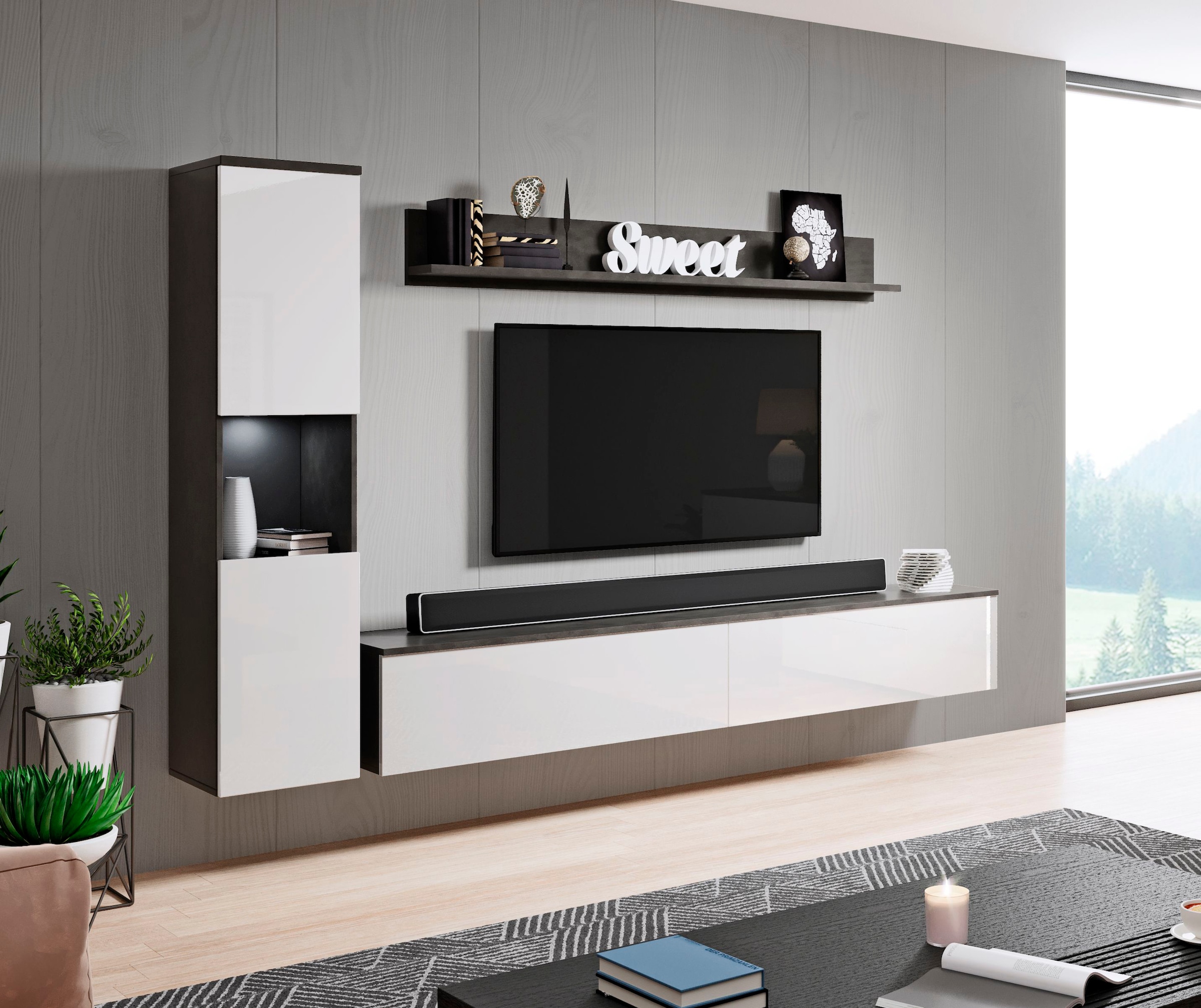 INOSIGN Wohnwand "PARIS", (Komplett-Set, 3 St.), TV-Wand 220cm breite, grifflose Design, stehend und hängend montierbar