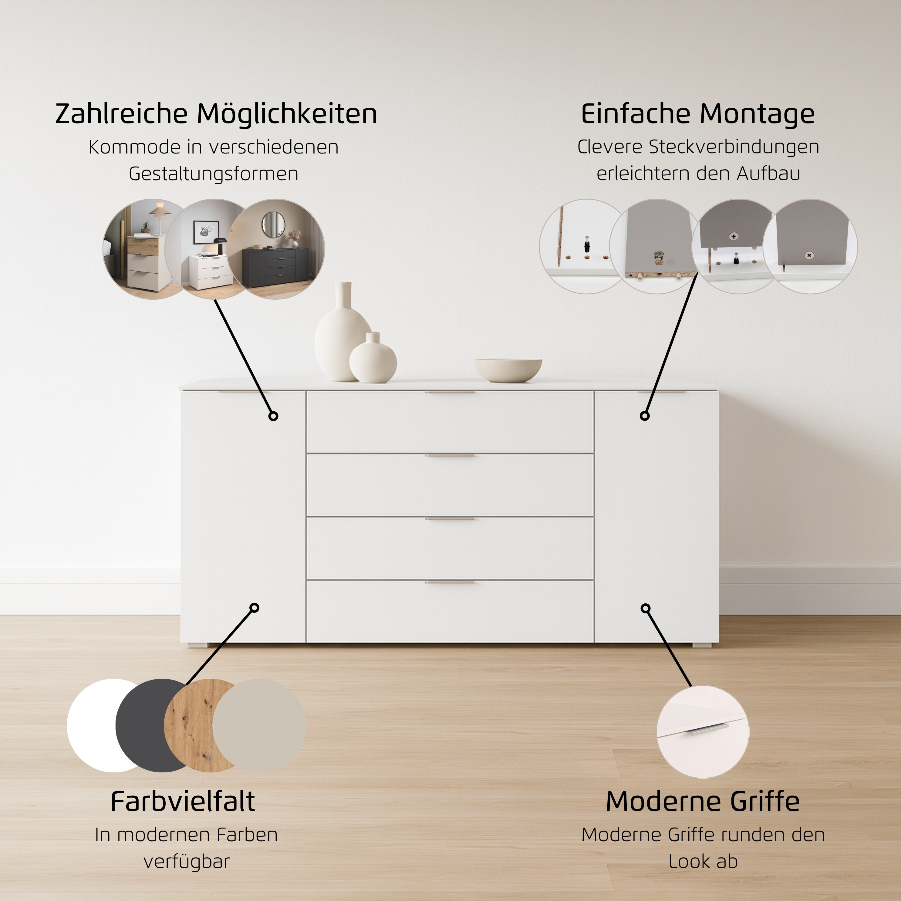 Thumbnail - rauch Kombikommode "Sideboard Türkommode Schubladenkommode Kommode ASTANA" Breite 160 cm / Höhe 81 cm, mit 4 Einlegeböde...