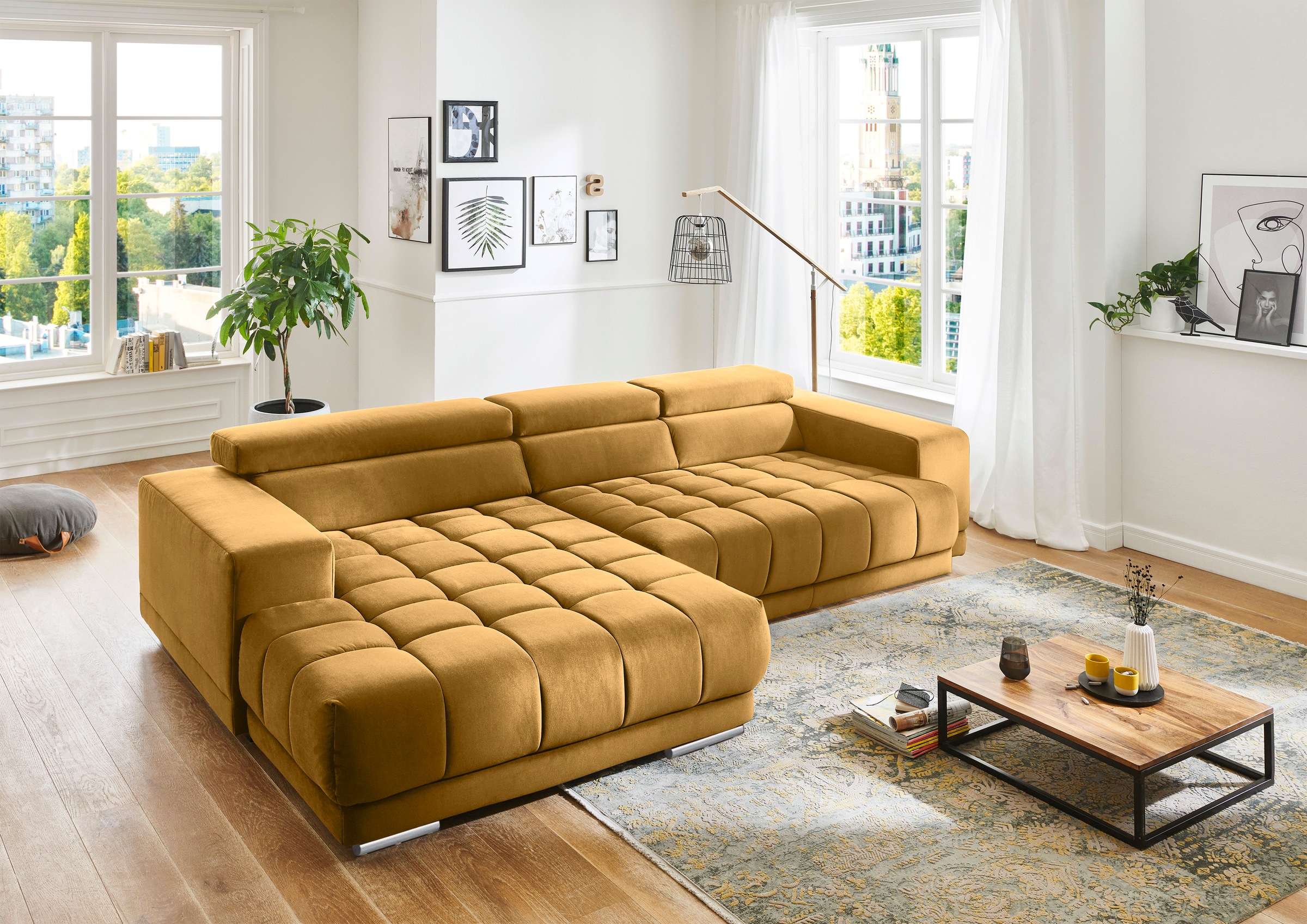 Ecksofa DIE PLANBAR "MP-IN15053 L-Form extra breiter Schenkel", gelb (curry), B:329cm H:73cm T:190cm, 100% Polyester, Sofas, Ecksofa, mit Kopfteilverstellung, wahlweise mit manueller Vorziehbank