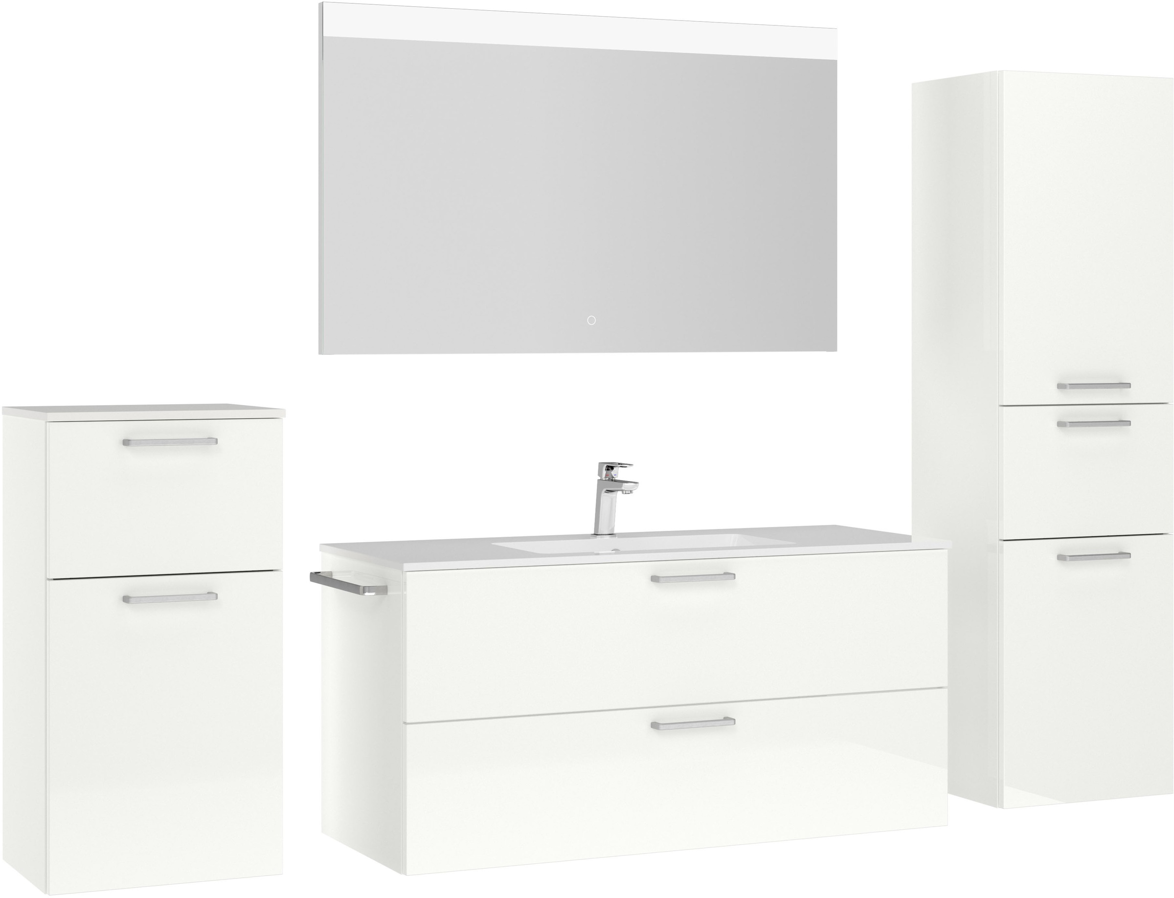 nobilia® Badmöbel-Set »Tolvina«, (4 St., vormontiert, mit Soft-Close), Hochglanz, inkl. Spiegel mit Touch-Sensor, in vier Breiten