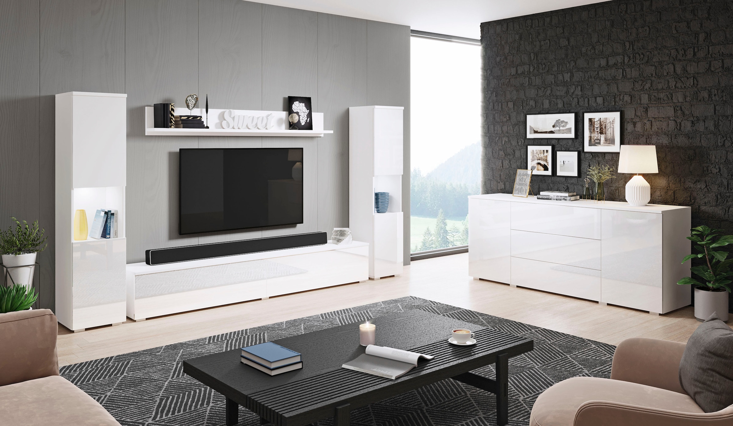 INOSIGN Wohnwand »PARIS«, (Komplett-Set, 4 St.), TV-Wand 260cm breite, grifflose Design, stehend und hängend montierbar