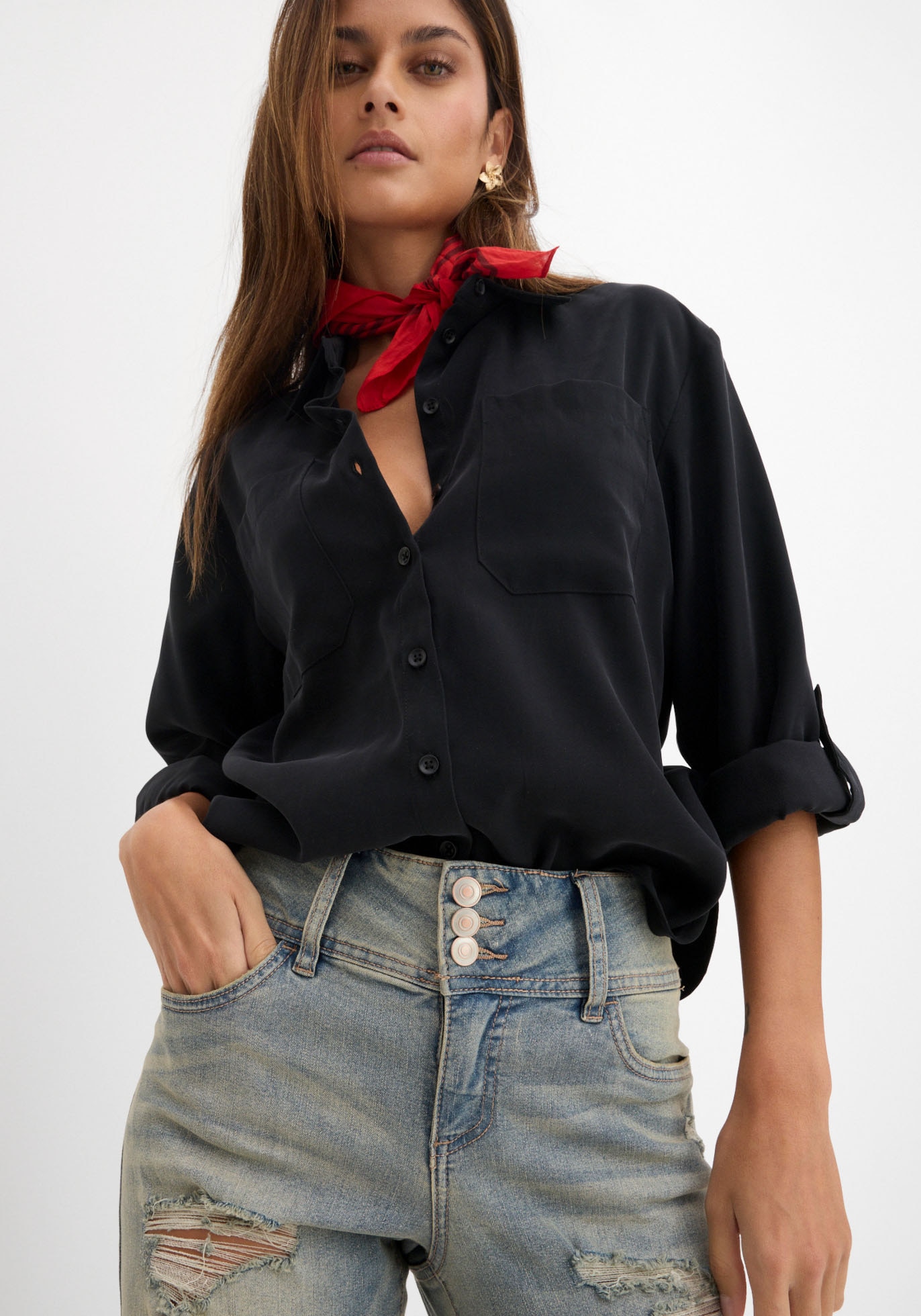 bonprix Skinny-fit-Jeans »Skinny Jeans High Waist, Stretch« Skinny-fit, mit breitem High Waist Bund, coole Destroyed Effekte