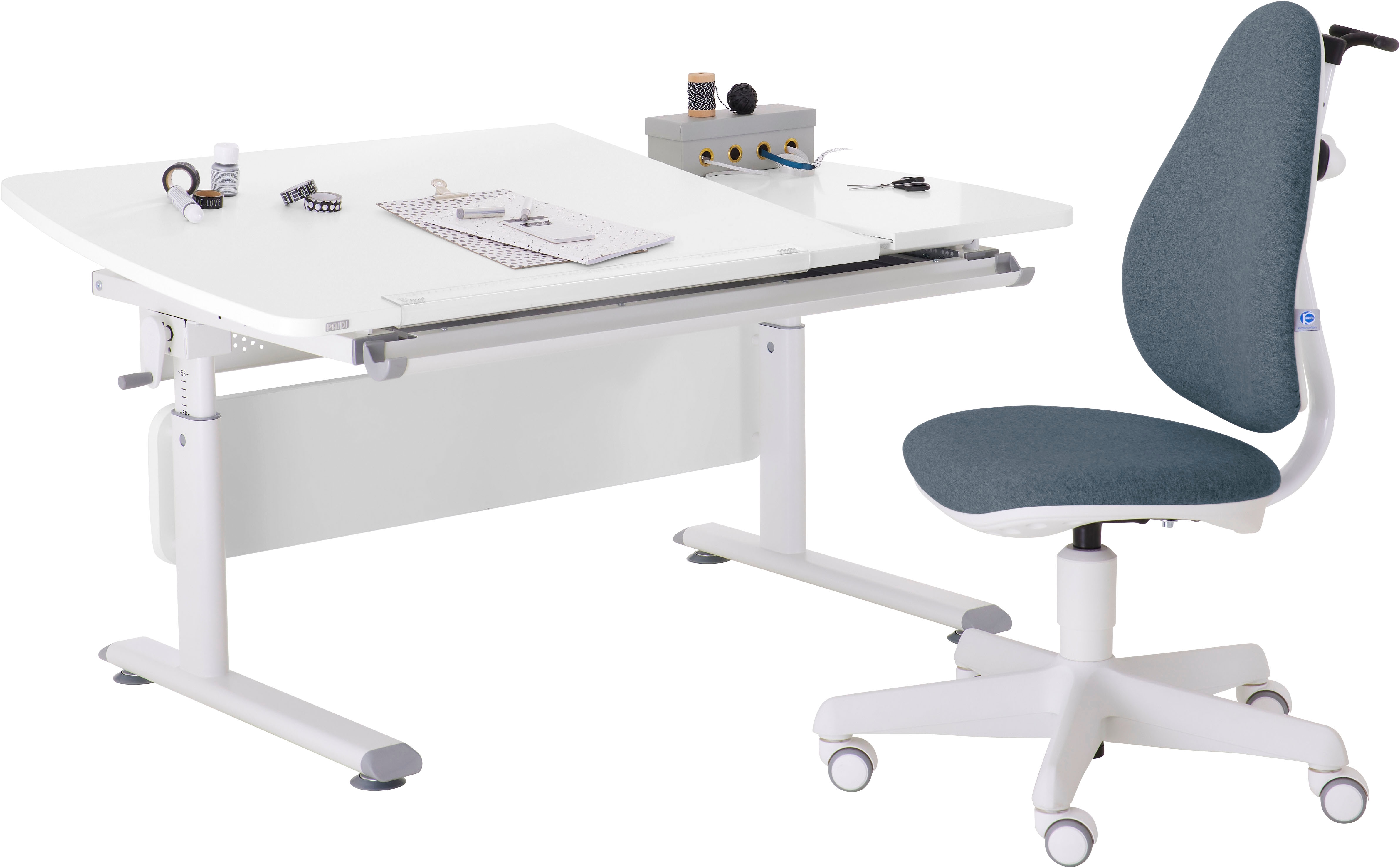PAIDI Büromöbel-Set "Kinderschreibtisch & Drehstuhl in Weiß, mitwachsend & ergonomisch" Spar-Set, 130x70 cm Schülerschreibtisch, Kinderstuhl in Blau/Rosa, stufenlos höhenverstellbar, neigbare Tischplatte, Schulstarter-Set