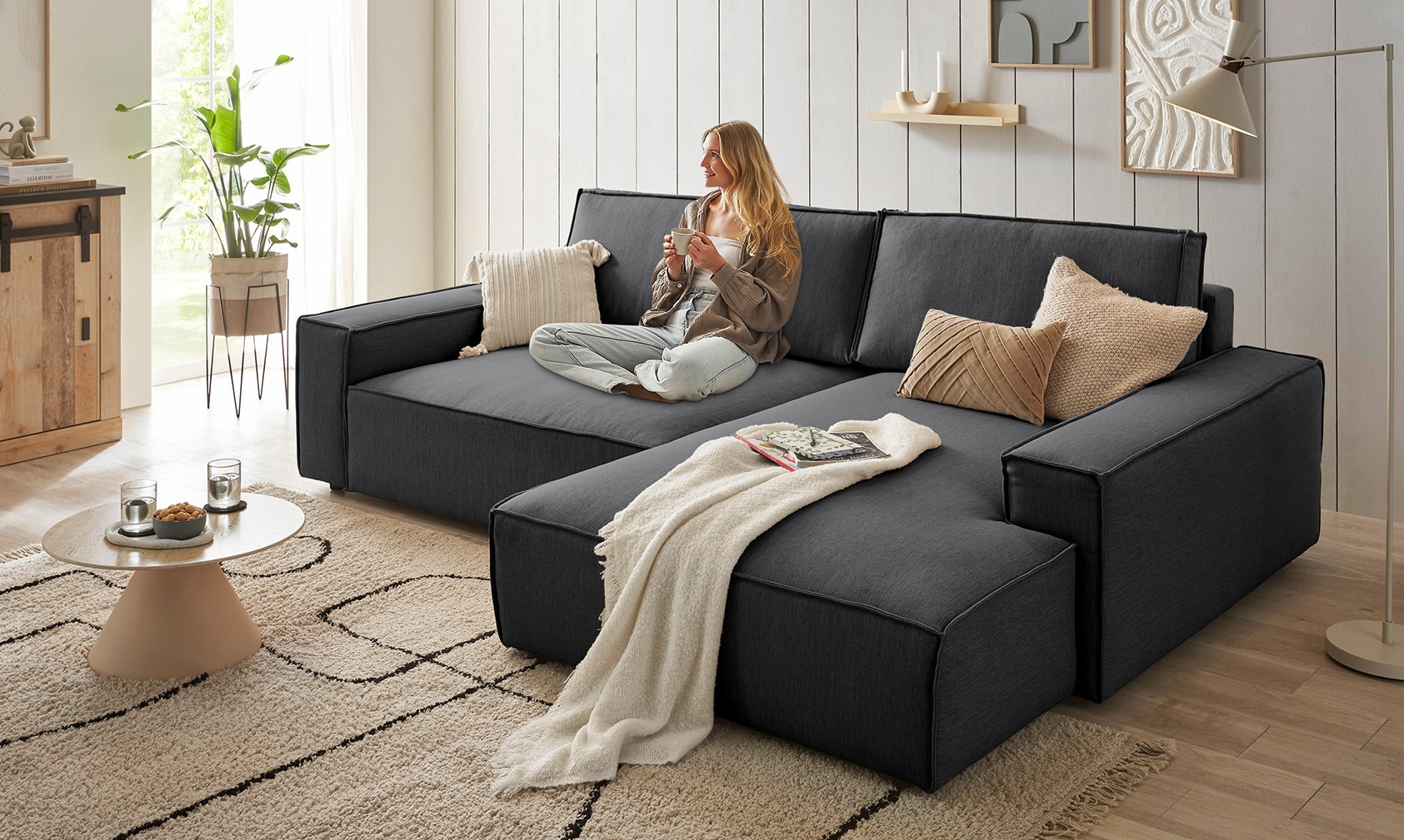 OTTO home Ecksofa "SHERWOOD XXL Leinenoptik 284, Big-Sofa L-Form, tiefe Sitzfläche 95 cm" Recamiere rechts/links, als Schlafsofa stellbar, Cord u. Leinenoptik