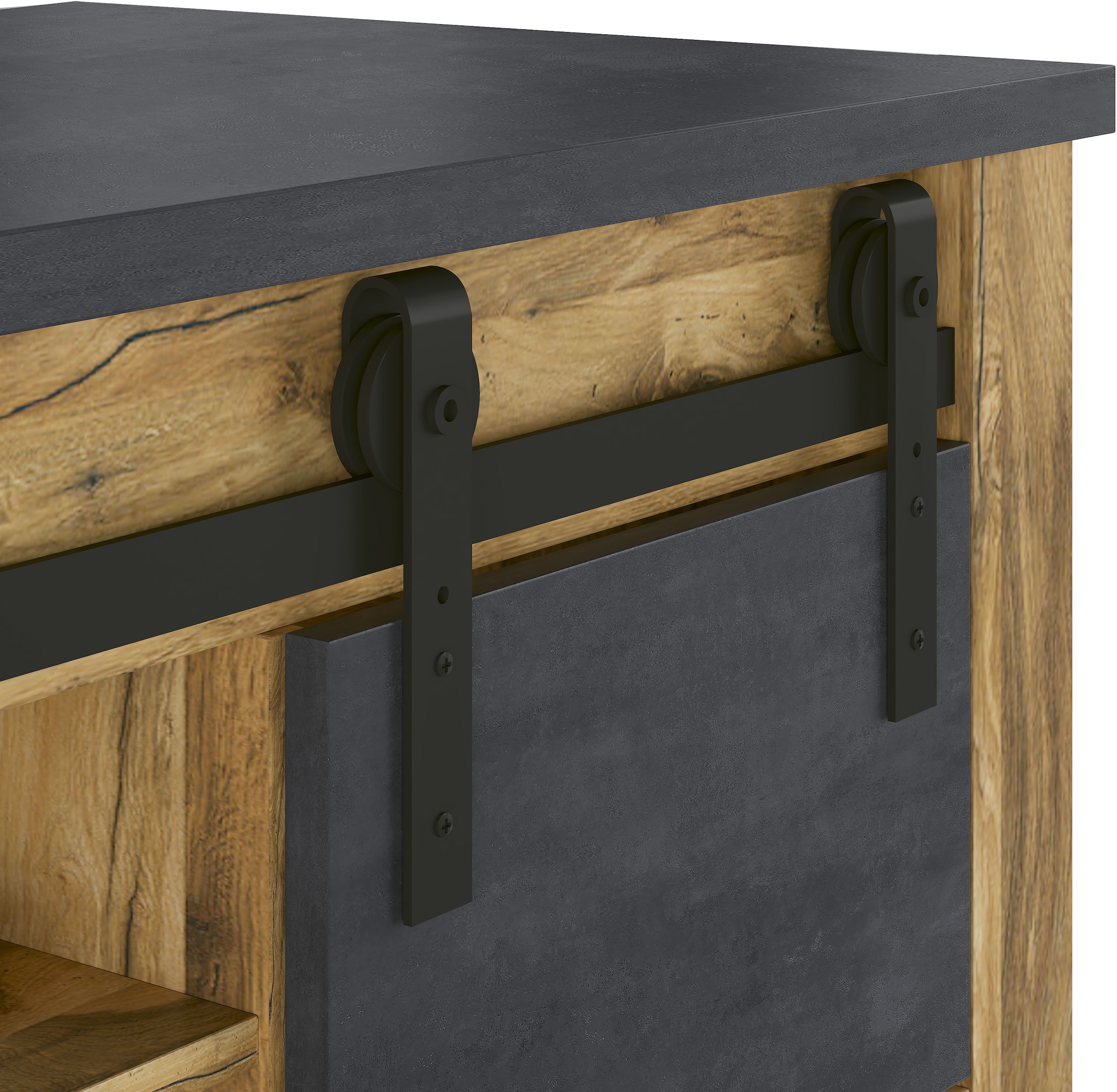 Home affaire Vitrine »York, moderner Hochschrank, Schrank in Hunton Oak Dekor«, mit Apothekergriffen aus Metall, Industrialdesign, 200 cm hoch