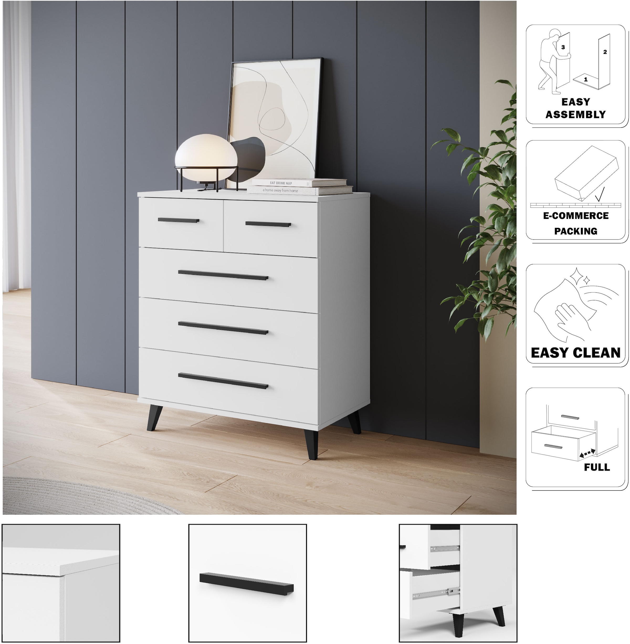 INOSIGN Sideboard »Lagos, Kommode, 5 Schubladen, schwarze Griffe & Füße«, (1 St.), modernes Design, B/T/H je 70/39,5/82,5 cm, pflegeleichte Oberfläche