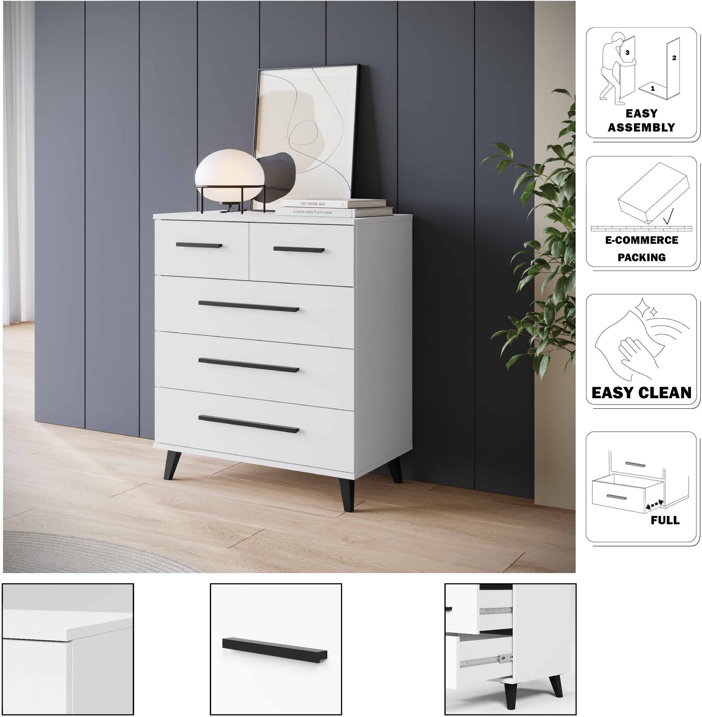 Thumbnail - OTTO home Sideboard "Lagos, Kommode, 5 Schubladen, schwarze Griffe & Füße" Wäscheschrank Bestseller in Top Qualität, 1 S...