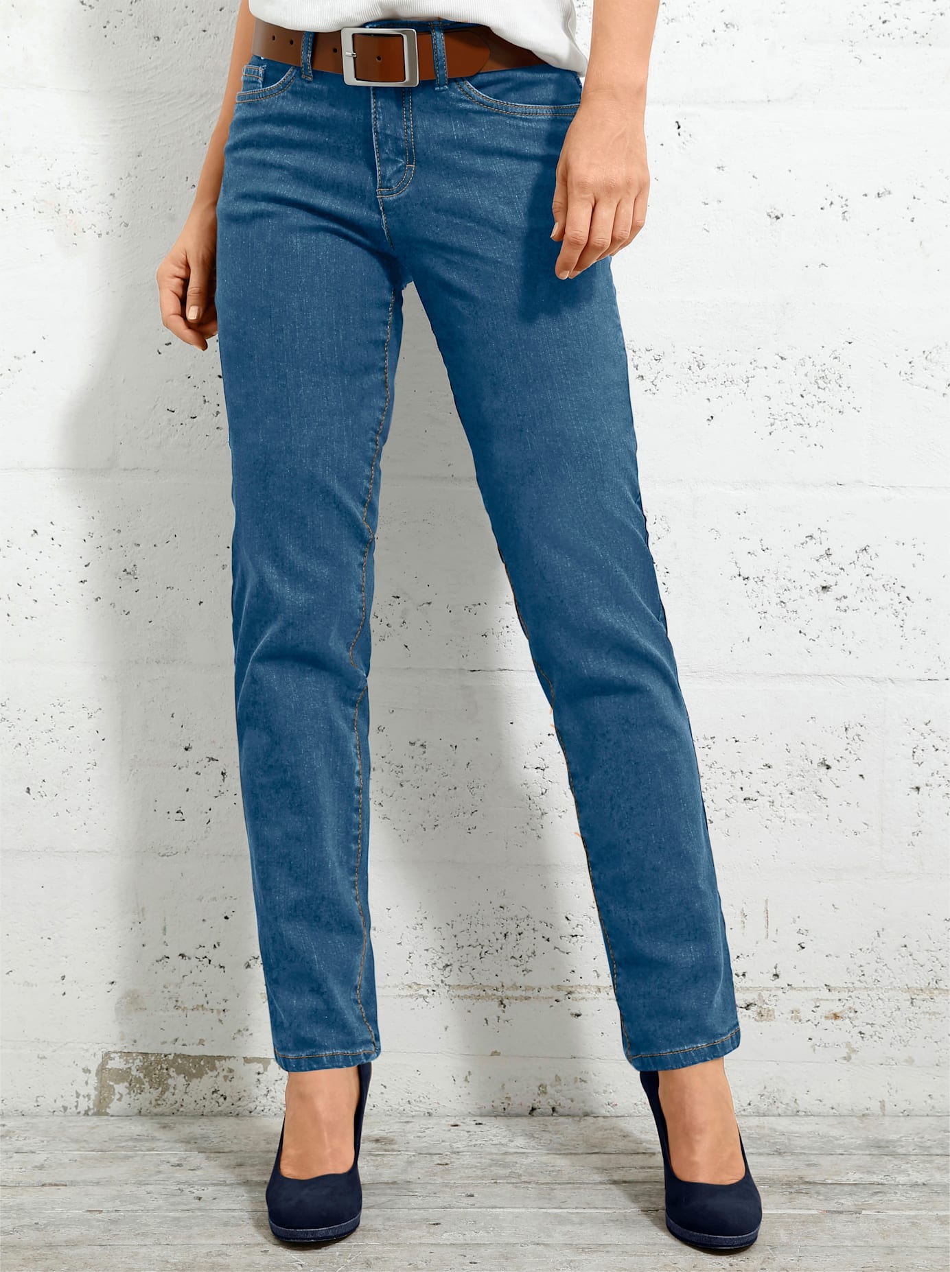 5-Pocket-Jeans INSPIRATIONEN, Damen, Gr. 21, Kurzgrößen, blau (blau, bleached), 81% Baumwolle, 17% Polyester, 2% Elasthan, unifarben, lang, Jeans 5-Pocket-Jeans, Topseller