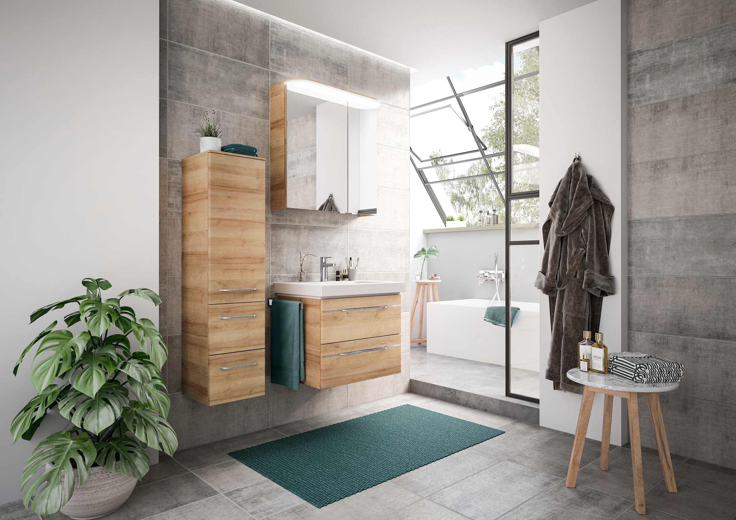 Saphir Badmöbel-Set »Balto Sprint 3-teilig, Mineralmarmor-Waschtisch mit LED-Spiegelschrank«, (4 St.), inkl. Türdämpfer, 100 cm breit, mit Midischrank, 3 Türen, 4 Schubladen