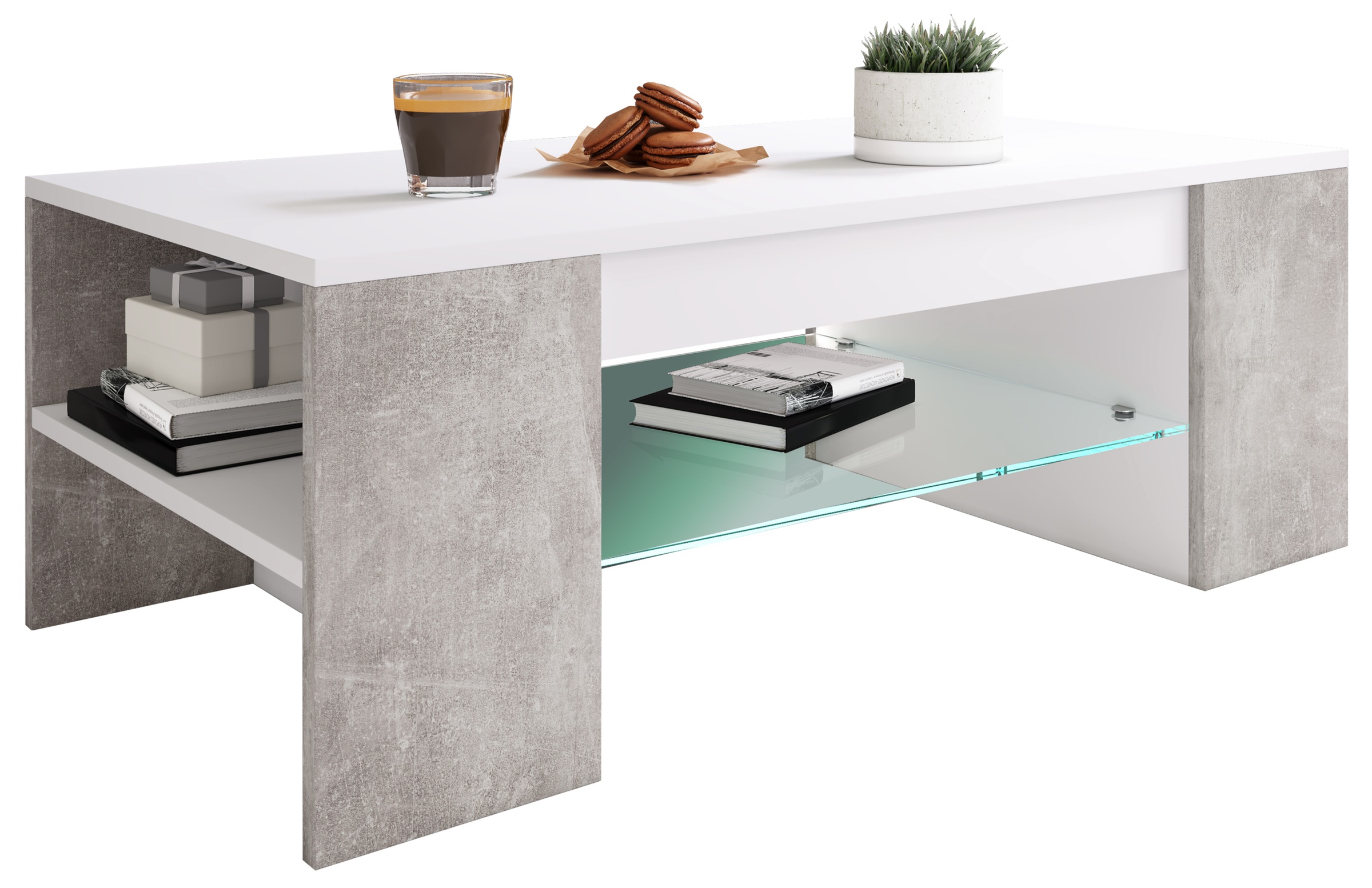 Couchtisch VCM "Holz Sofatisch Couchtisch Schublade Glas Tunas", grau (weiß, beton, optik), B:100cm T:50cm, Tische, Couchtisch