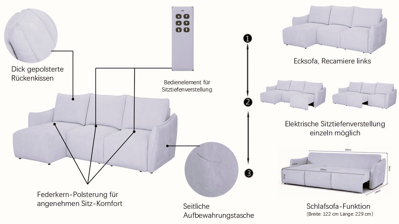 OTTO home Ecksofa »FEENY Schlafsofa (260 cm) elektr. Sitztiefenverstellung in 2 Sitzen« Sitze einzeln verstellbar, weicher Webstoff