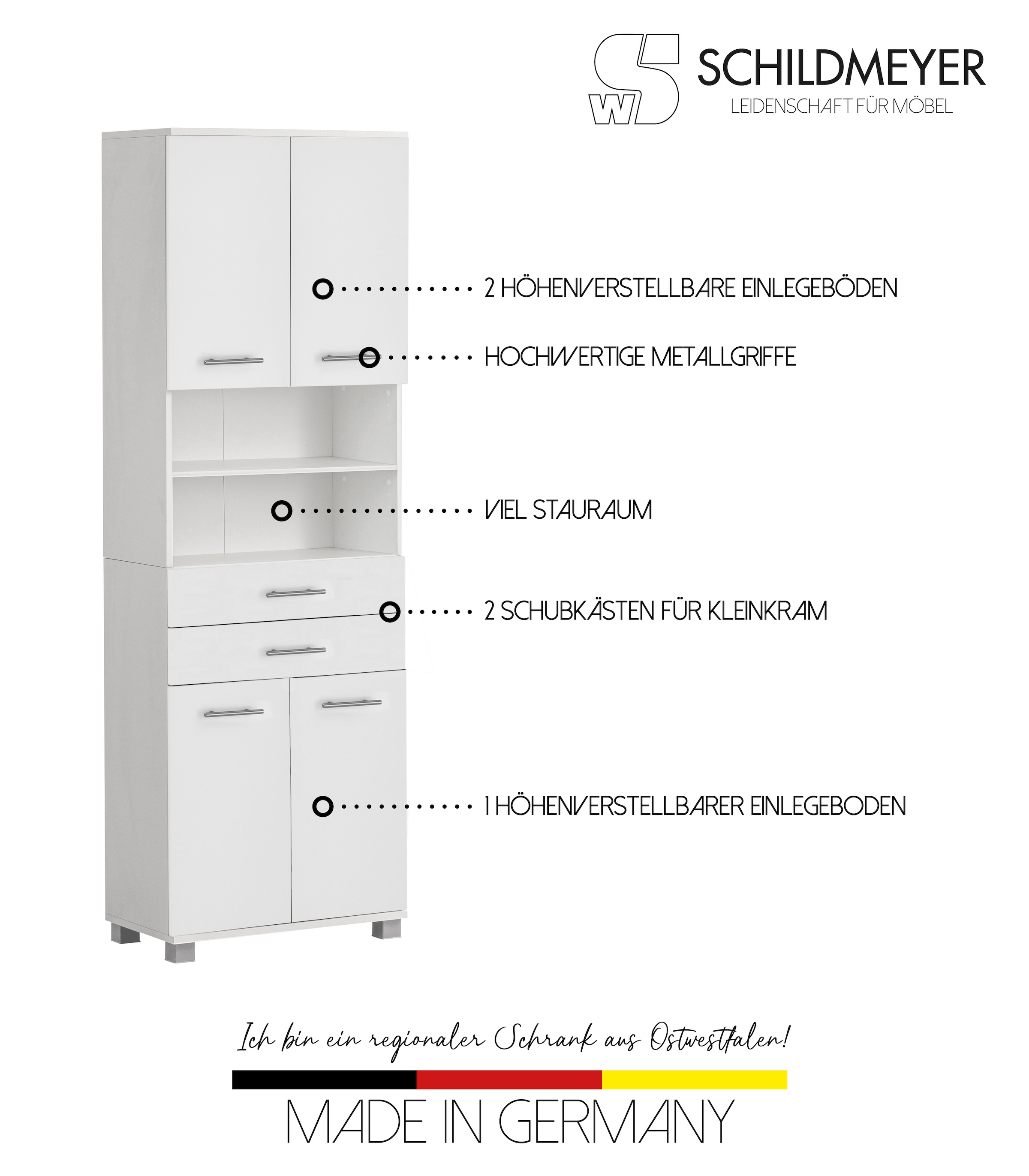 welltime Hochschrank »Emmi, Breite 59 cm made in Germany«, 4 Türen, Metallbeschläge