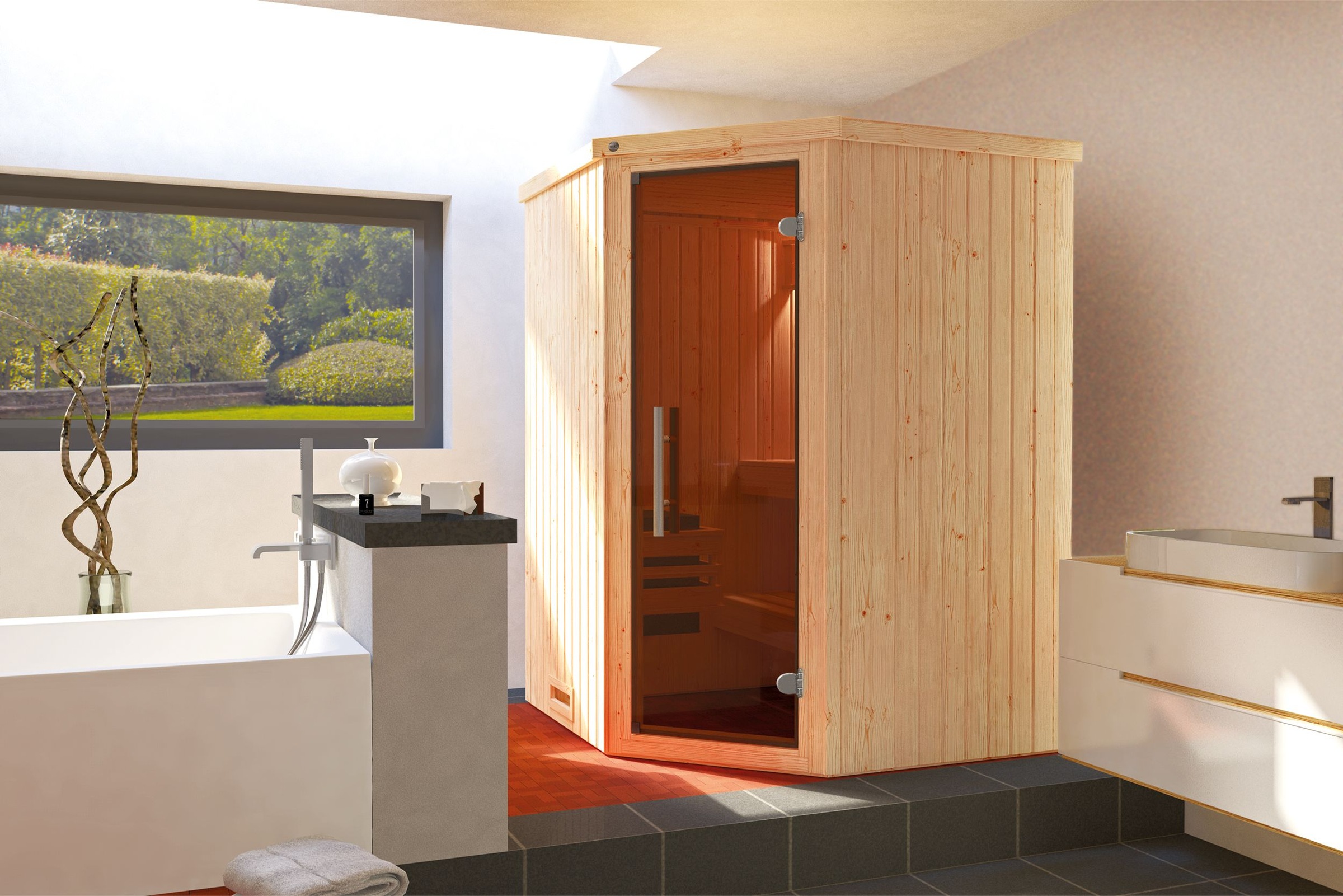 weka Sauna »Element-Ecksauna KIRUNA 1«, vorgefertigte Elemente, moderne Ganzglastür, Eckeinstig