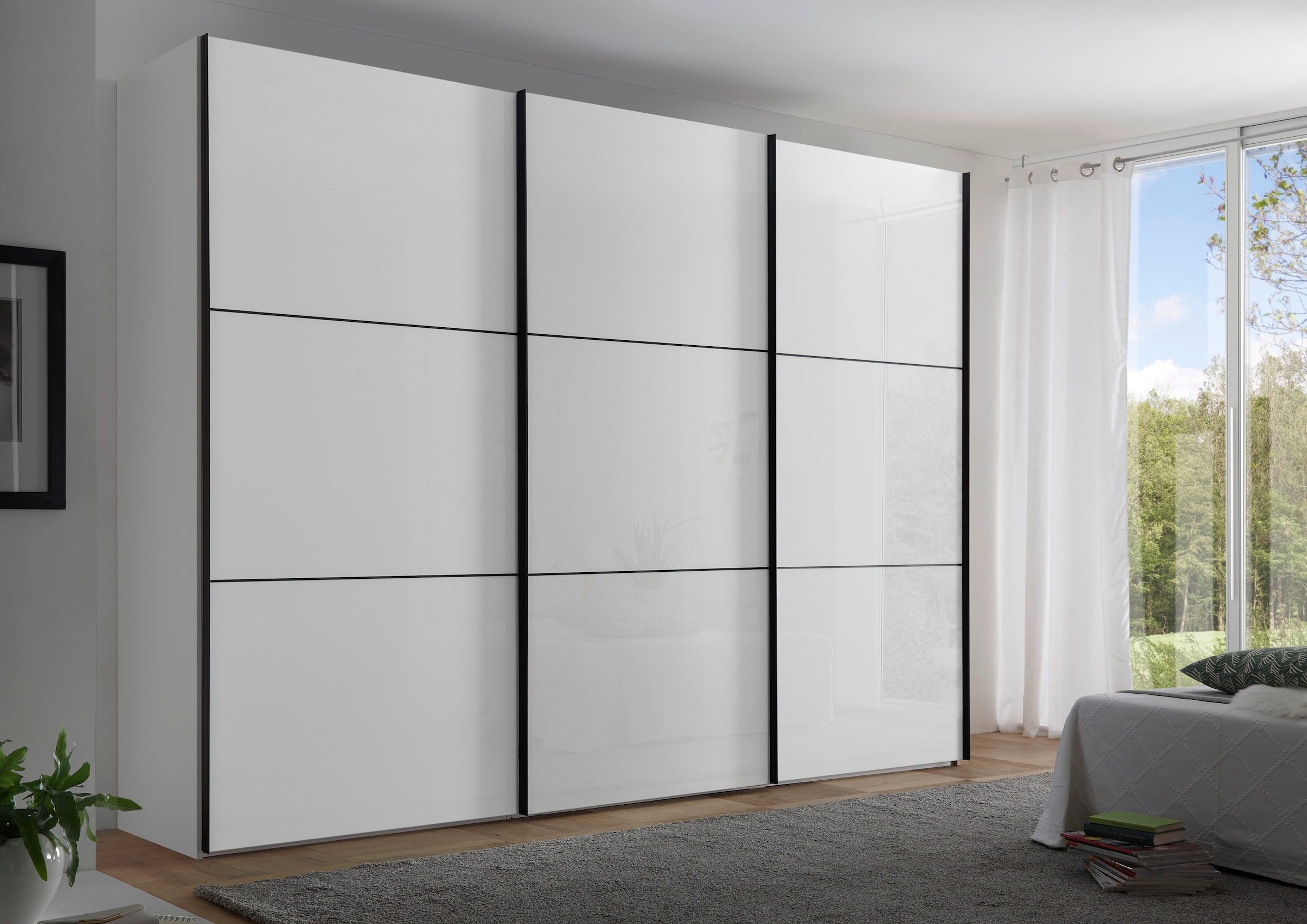 Schwebetürenschrank STAUD, B:280cm H:222cm T:68cmalpinweißglas, Holzwerkstoff, Schränke, "Includo Glas, Made in Germany"
