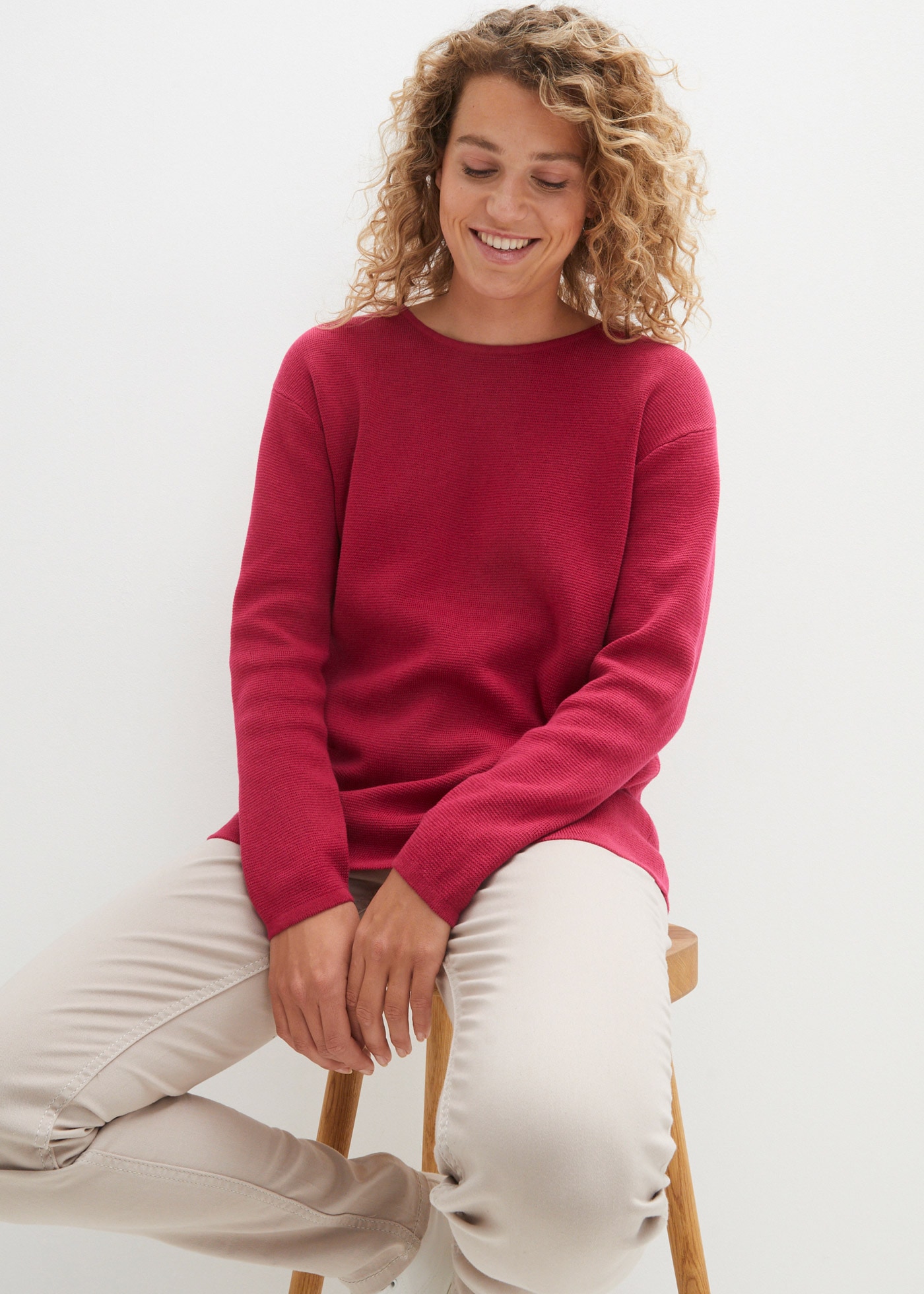 bonprix Strickpullover "Milano Rib Pullover mit Rundhals" aus Milano-Strick mit hohem Baumwollanteil, mit Rundhalsausschnitt
